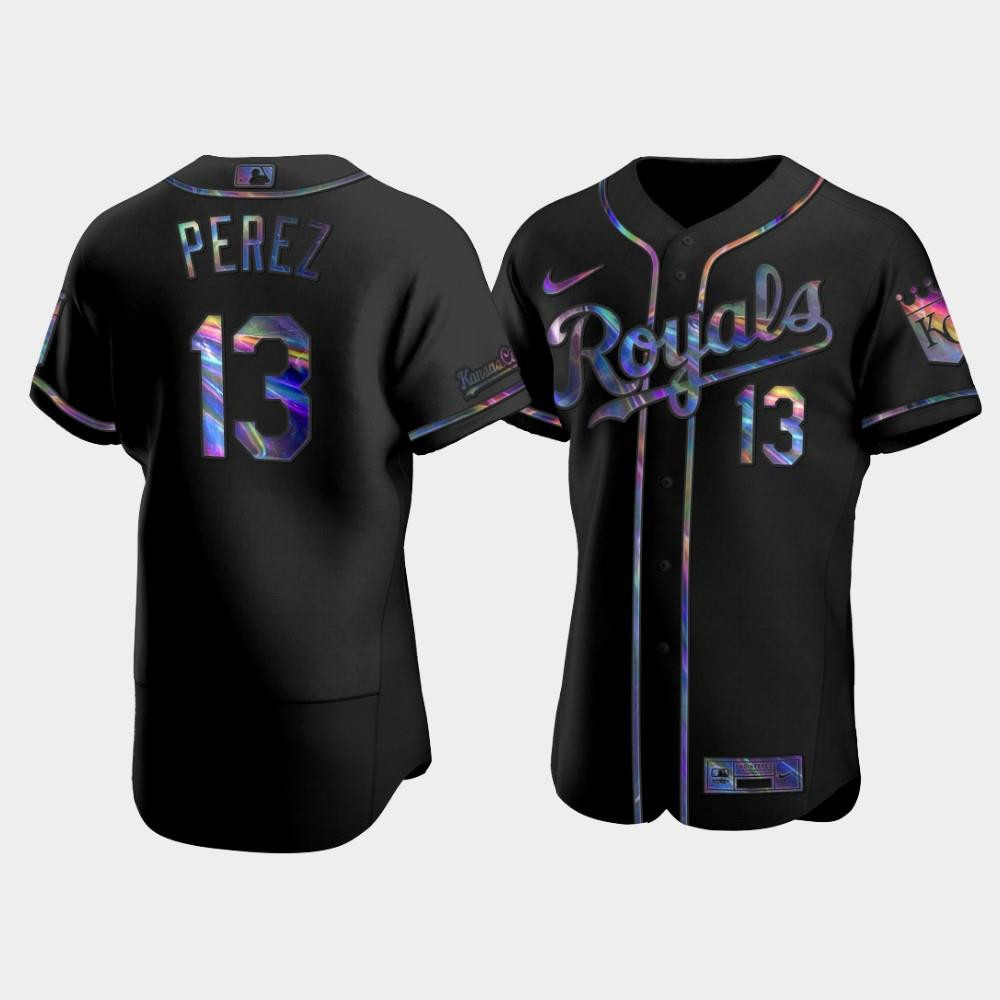 Men's Kansas City Royals Salvador Perez 13 Black Golden Edition Holographic Jersey Jersey 