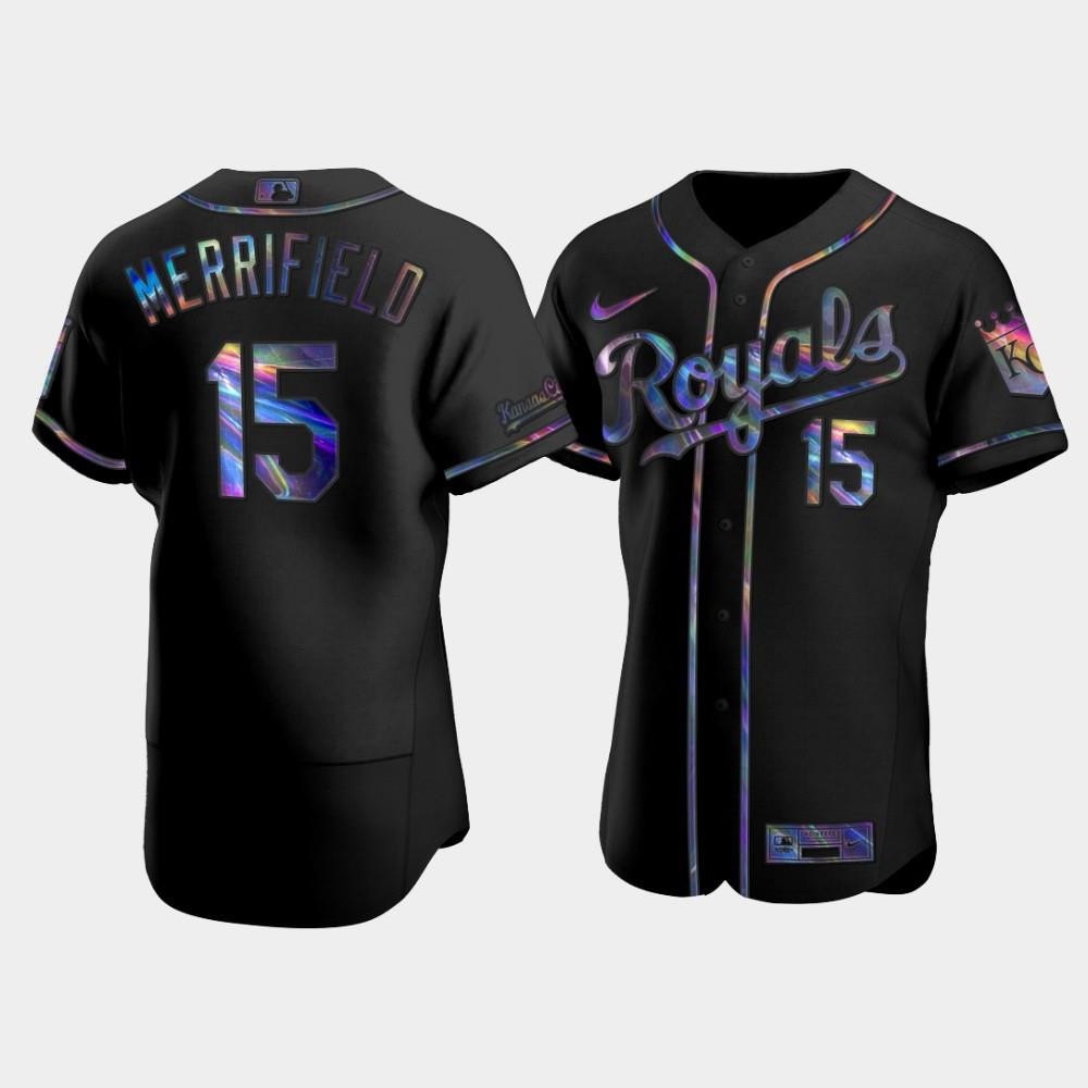 Men's Kansas City Royals Whit Merrifield 15 Black Golden Edition Holographic Jersey Jersey 