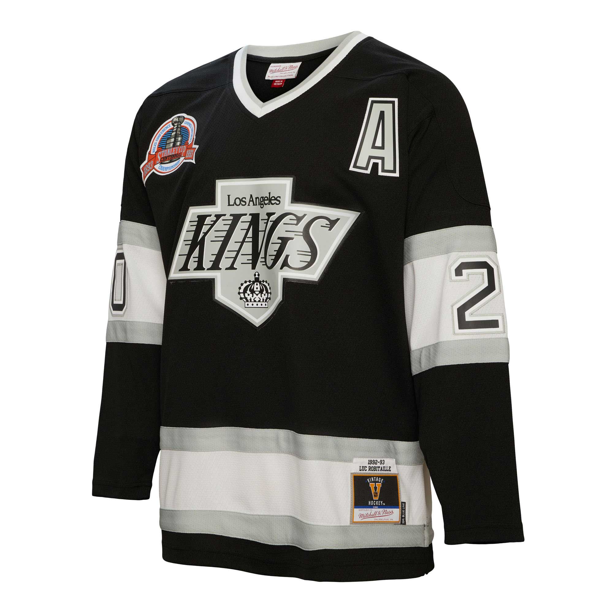 Alternative view of Men's Los Angeles Kings Luc Robitaille Mitchell & Ness Black Alternate Captain Patch 1992/93 Blue Line Player Jersey - JS554 