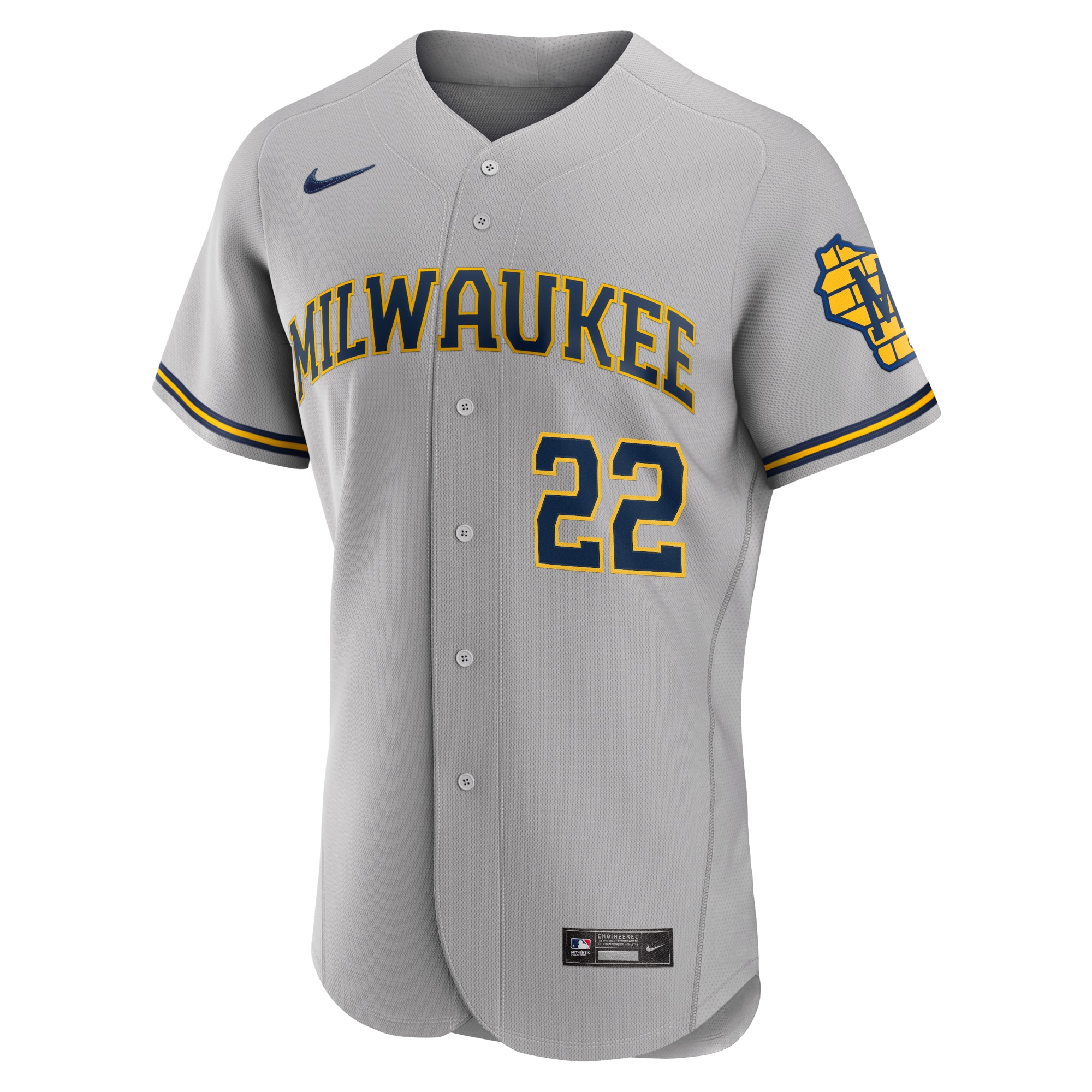 Alternative view of Men's Milwaukee Brewers Christian Yelich Gray Road Player Logo Jersey 