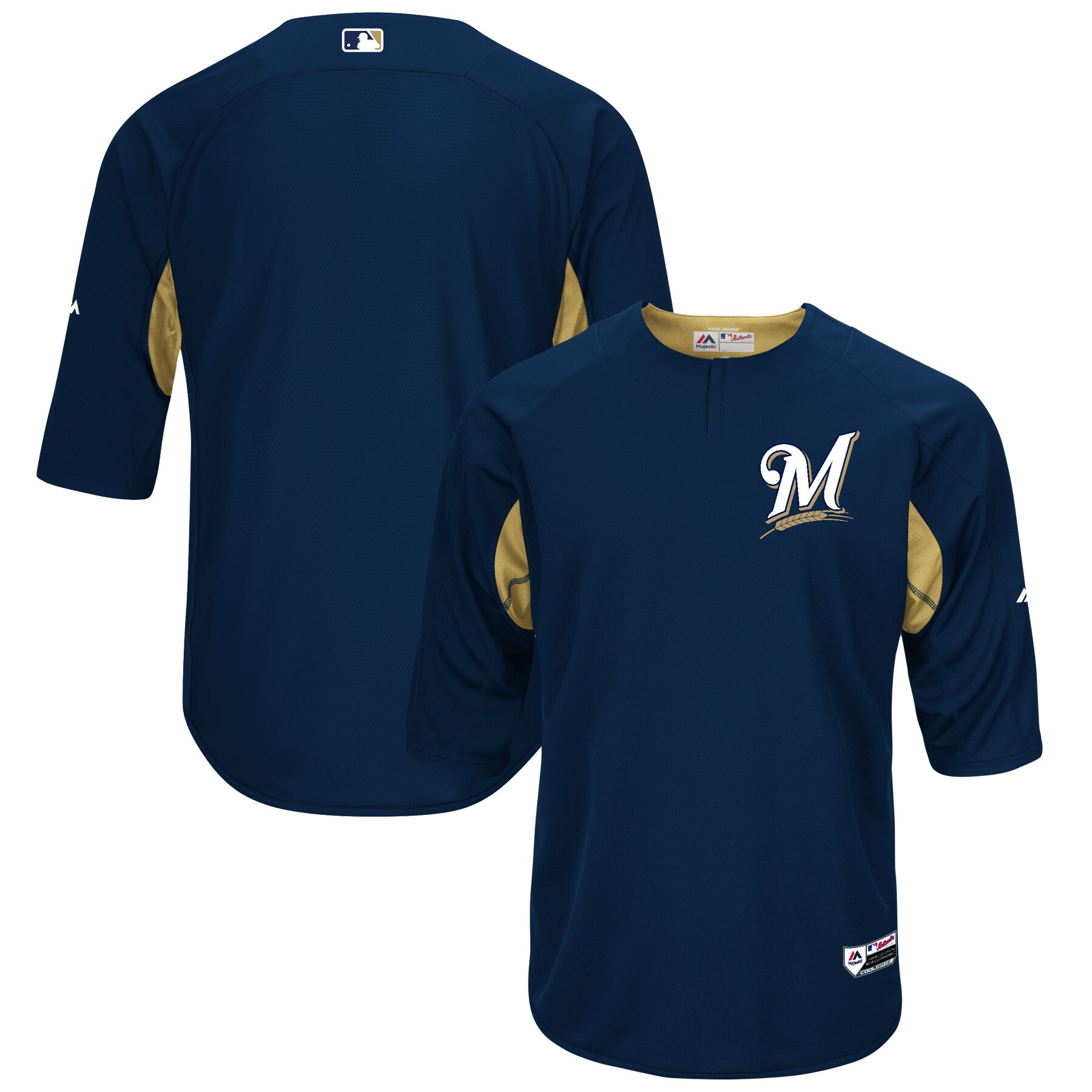 Men's Milwaukee Brewers Majestic Navy/Gold Collection On-Field 3/4-Sleeve Batting Practice Jersey 