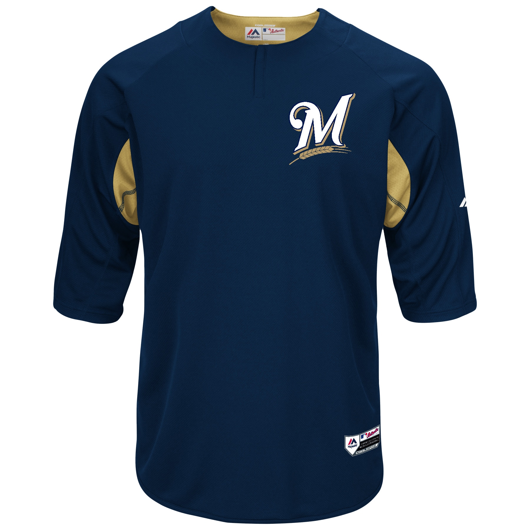 Alternative view of Men's Milwaukee Brewers Majestic Navy/Gold Collection On-Field 3/4-Sleeve Batting Practice Jersey 