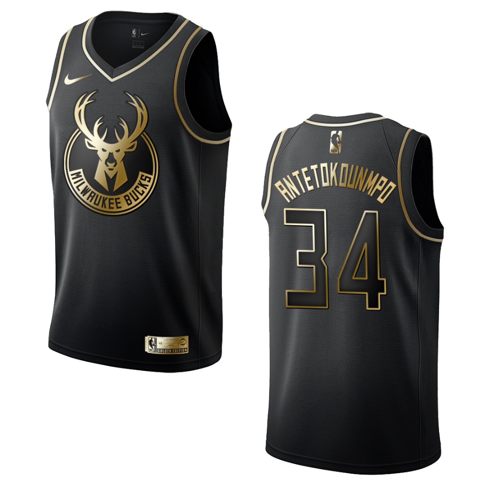 Men’s Milwaukee Bucks #34 Giannis Antetokounmpo Golden Edition Jersey – Black