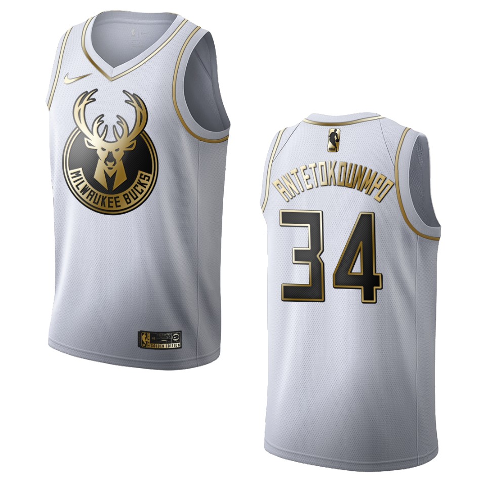 Men’s Milwaukee Bucks #34 Giannis Antetokounmpo Golden Edition Jersey – White