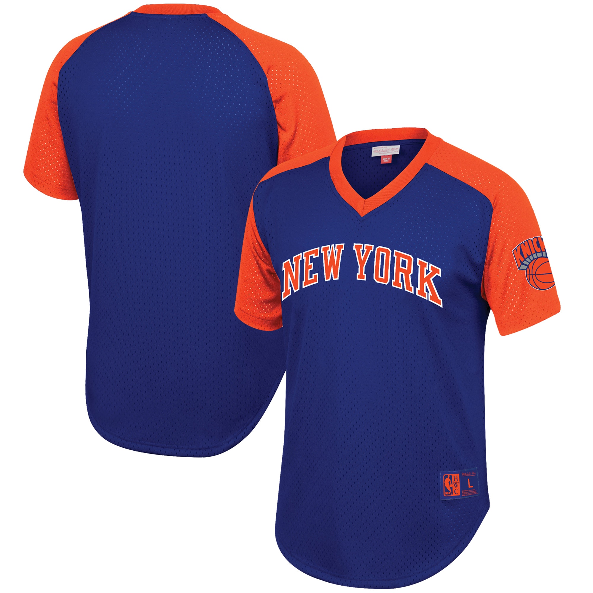 Men's Mitchell & Ness Blue New York Knicks Hardwood Classics Final Seconds Mesh Raglan Sleeve V-neck T-shirt
