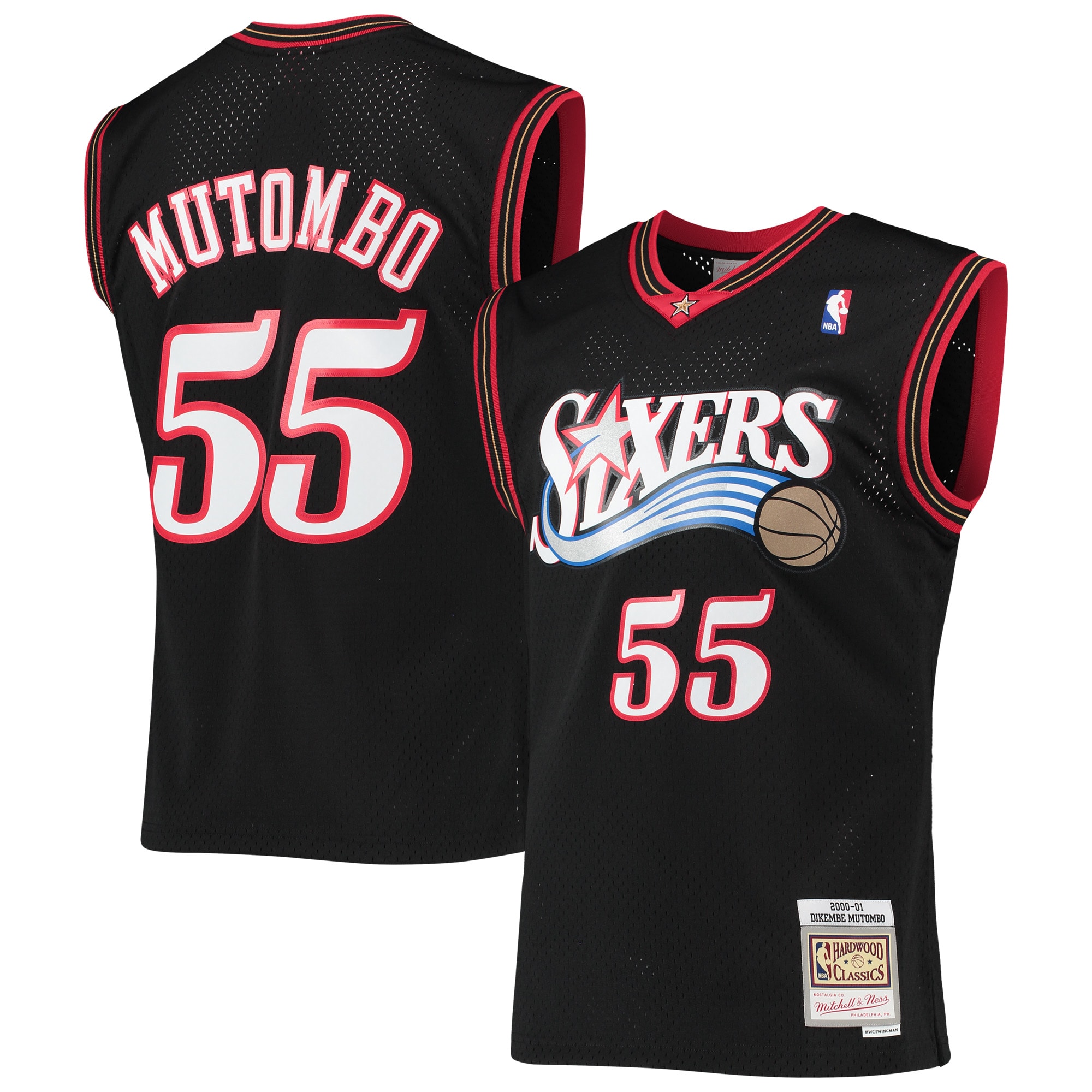 Men's Mitchell & Ness Dikembe Mutombo Black Philadelphia 76ers 2000-01 Hardwood Classics Swingman Jersey