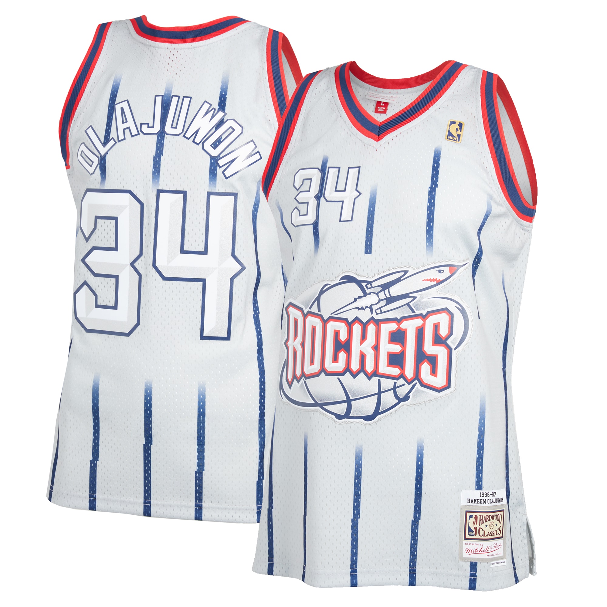 Men's Mitchell & Ness Hakeem Olajuwon Gray Houston Rockets 1996-97 Hardwood Classics Reload 2.0 Swingman Jersey