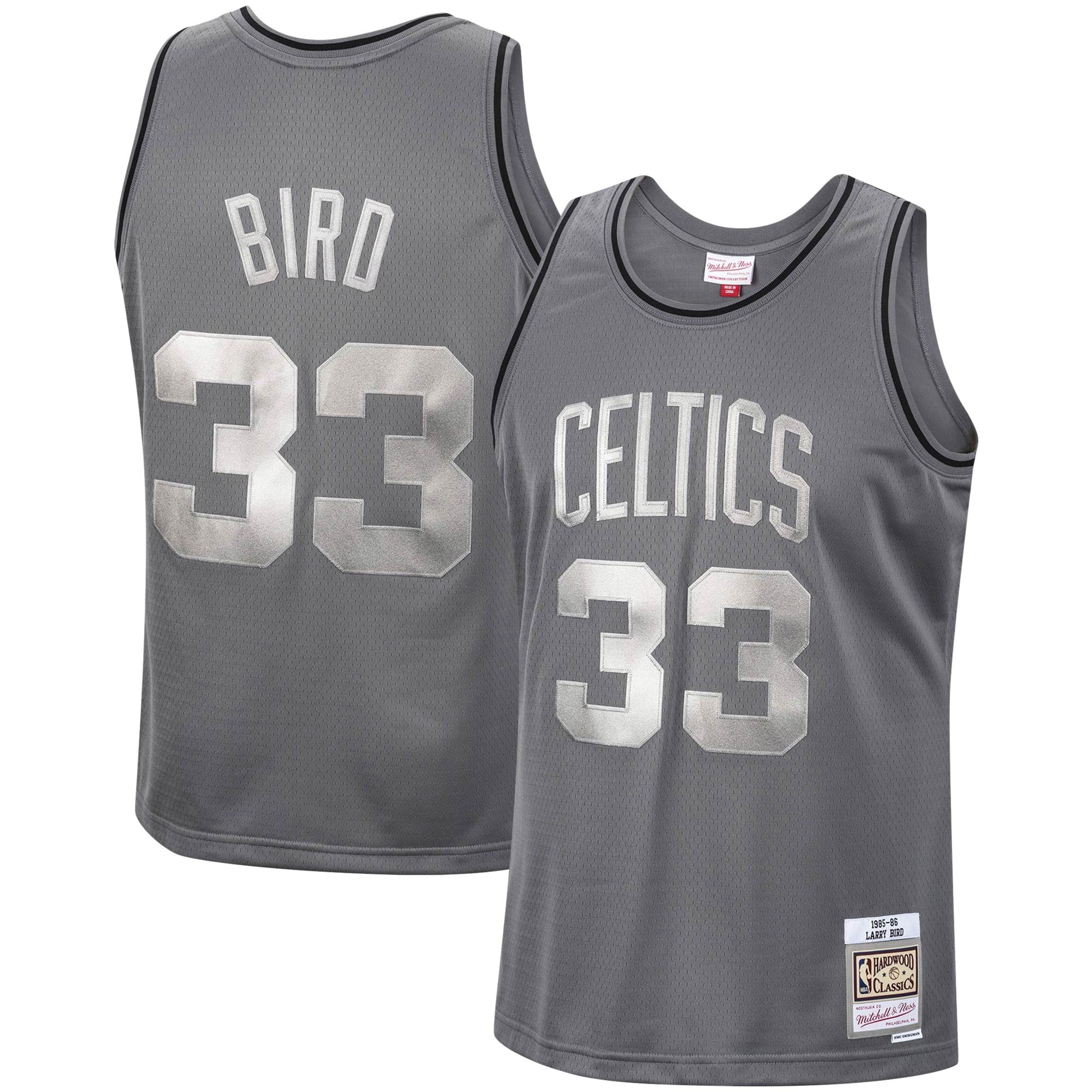 Men's Mitchell & Ness Larry Bird Charcoal Boston Celtics Hardwood Classics Retired Player 1985/86 Metal Works Swingman Jersey