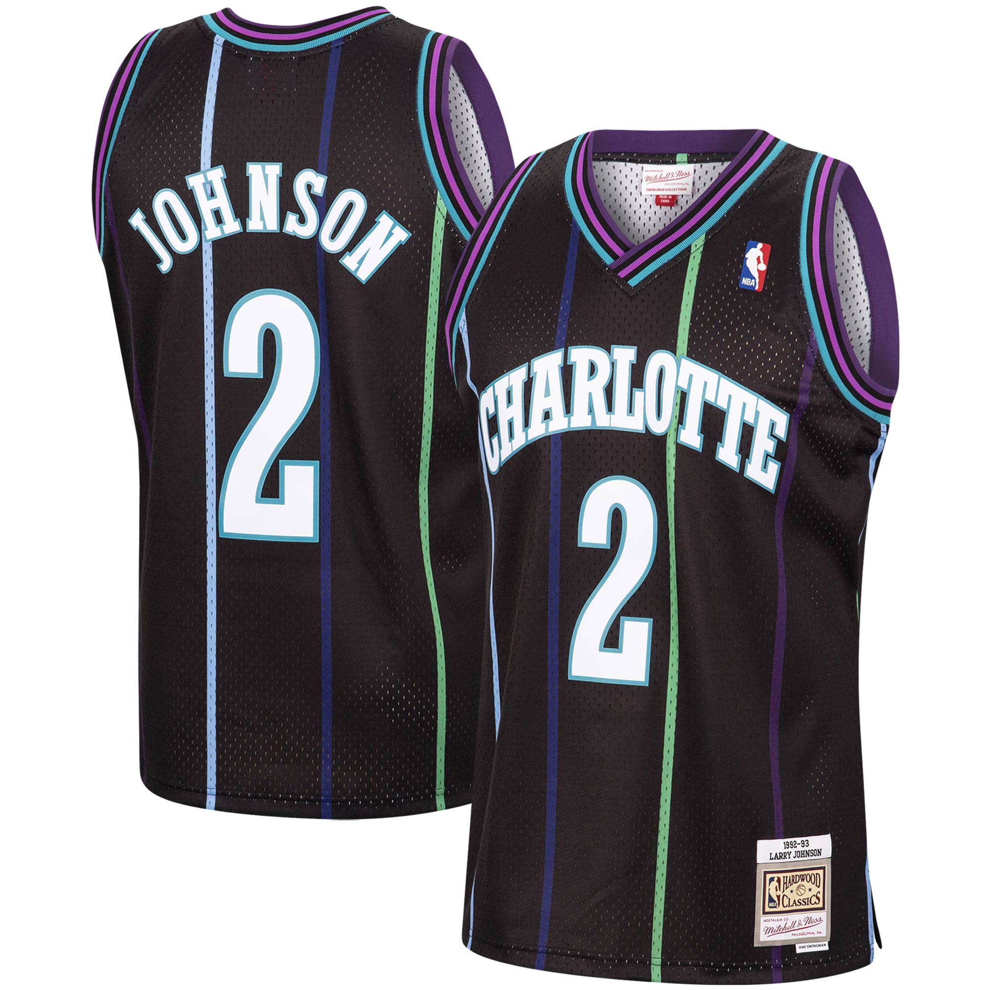 Men's Mitchell & Ness Larry Johnson Black Charlotte Hornets 1992-93 Hardwood Classics Reload Swingman Jersey