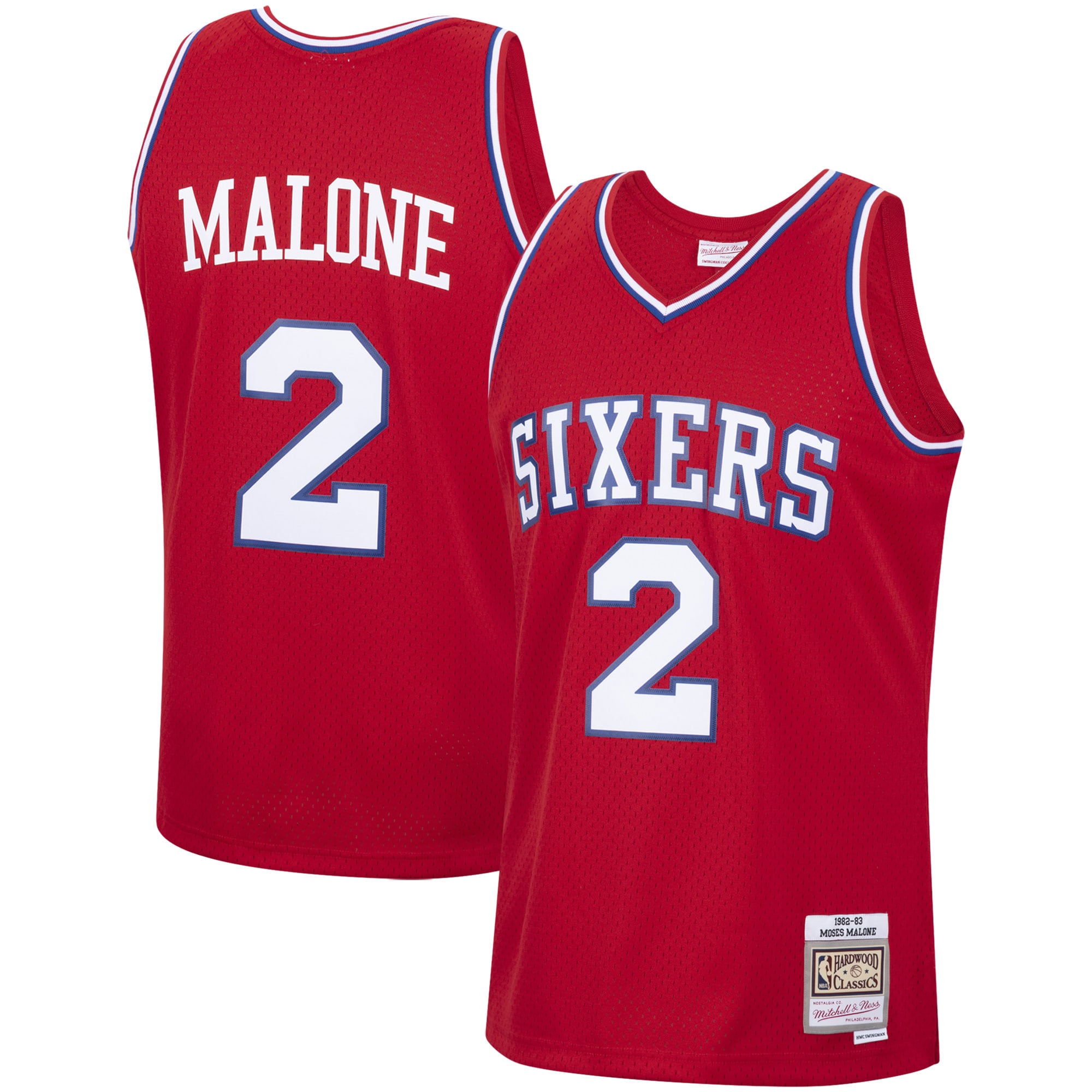 Men's Mitchell & Ness Moses Malone Red Philadelphia 76ers 1982-83 Hardwood Classics Swingman Jersey