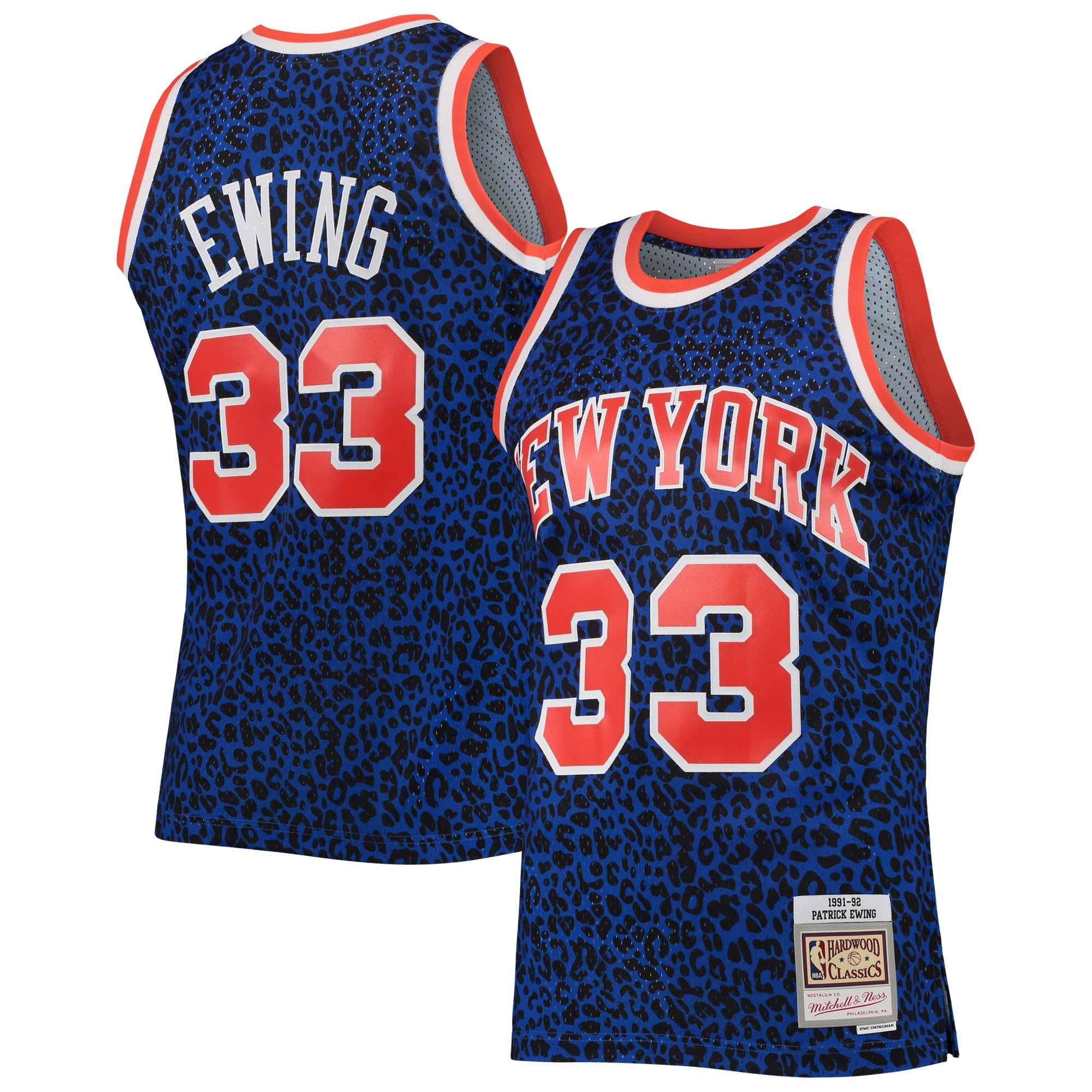 Men's Mitchell & Ness Patrick Ewing Blue New York Knicks Hardwood Classics Wildlife Swingman Jersey