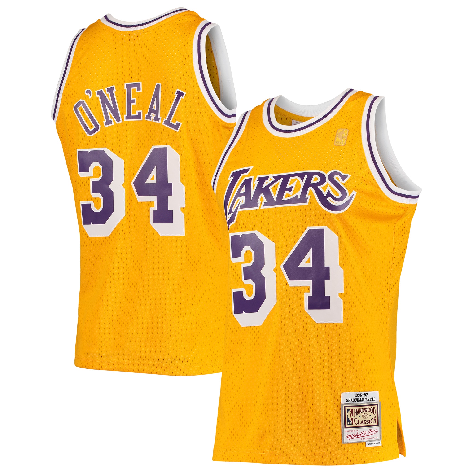 Men's Mitchell & Ness Shaquille O'neal Gold Los Angeles Lakers Hardwood Classics 1996-97 Swingman Jersey