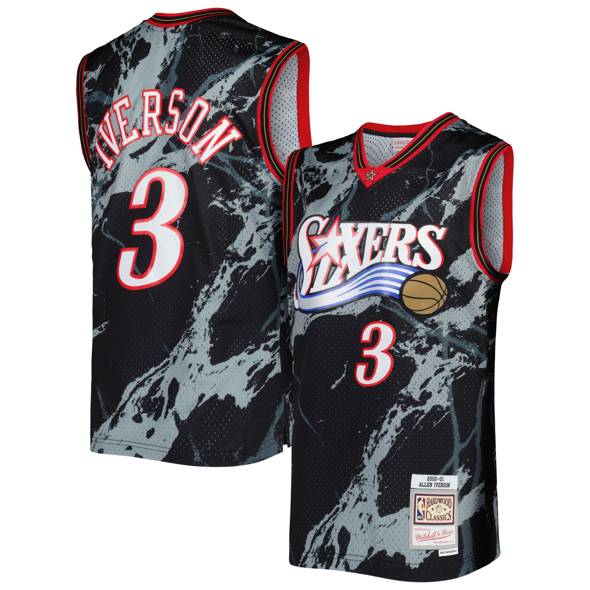 Men's Mitchell & Ness Allen Iverson Black Philadelphia 76ers 2000/01 Hardwood Classics Marble Swingman Jersey - JS463 