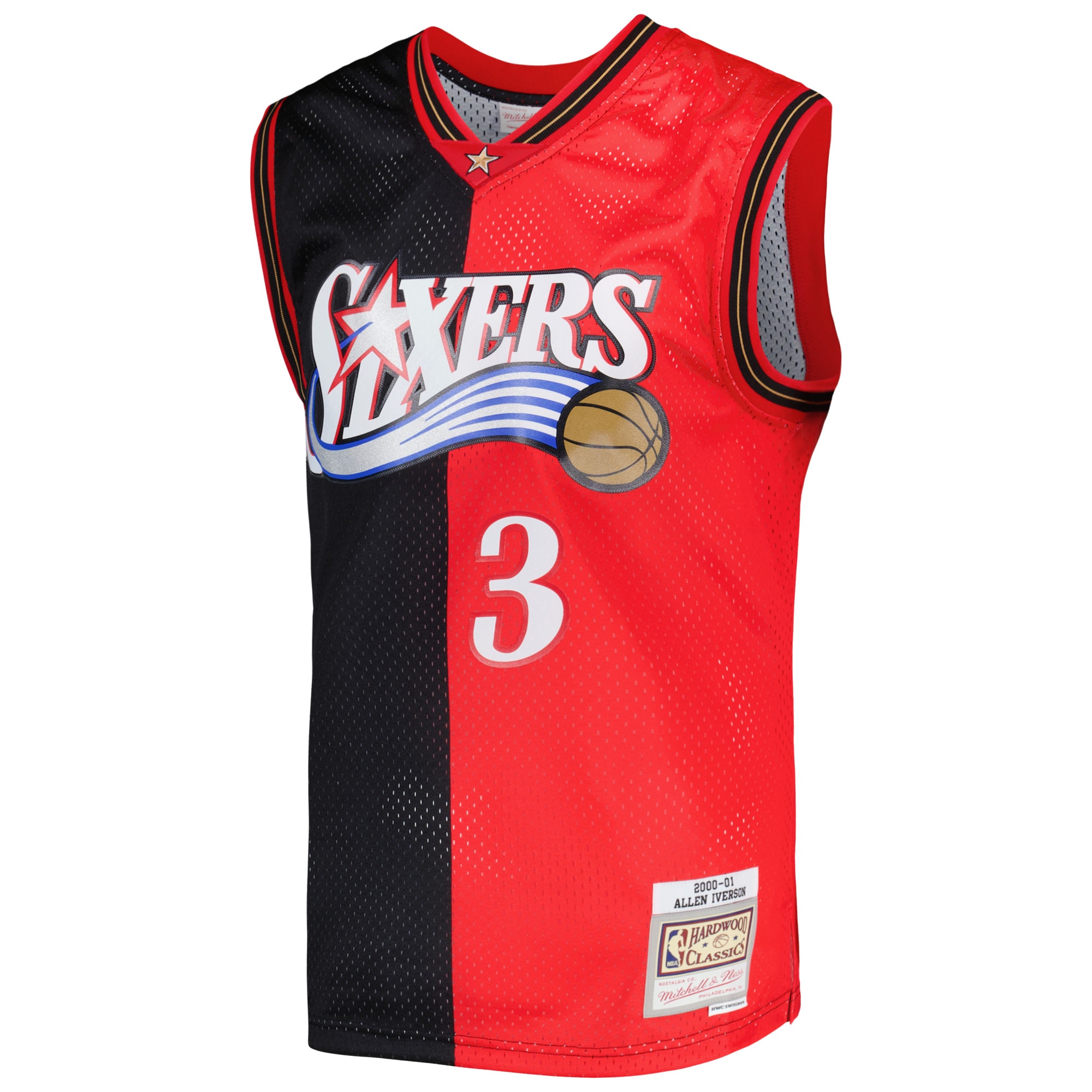 Alternative view of Men's Mitchell & Ness Allen Iverson Black/Red Philadelphia 76ers Hardwood Classics 2000/01 Split Swingman Jersey - JS374 