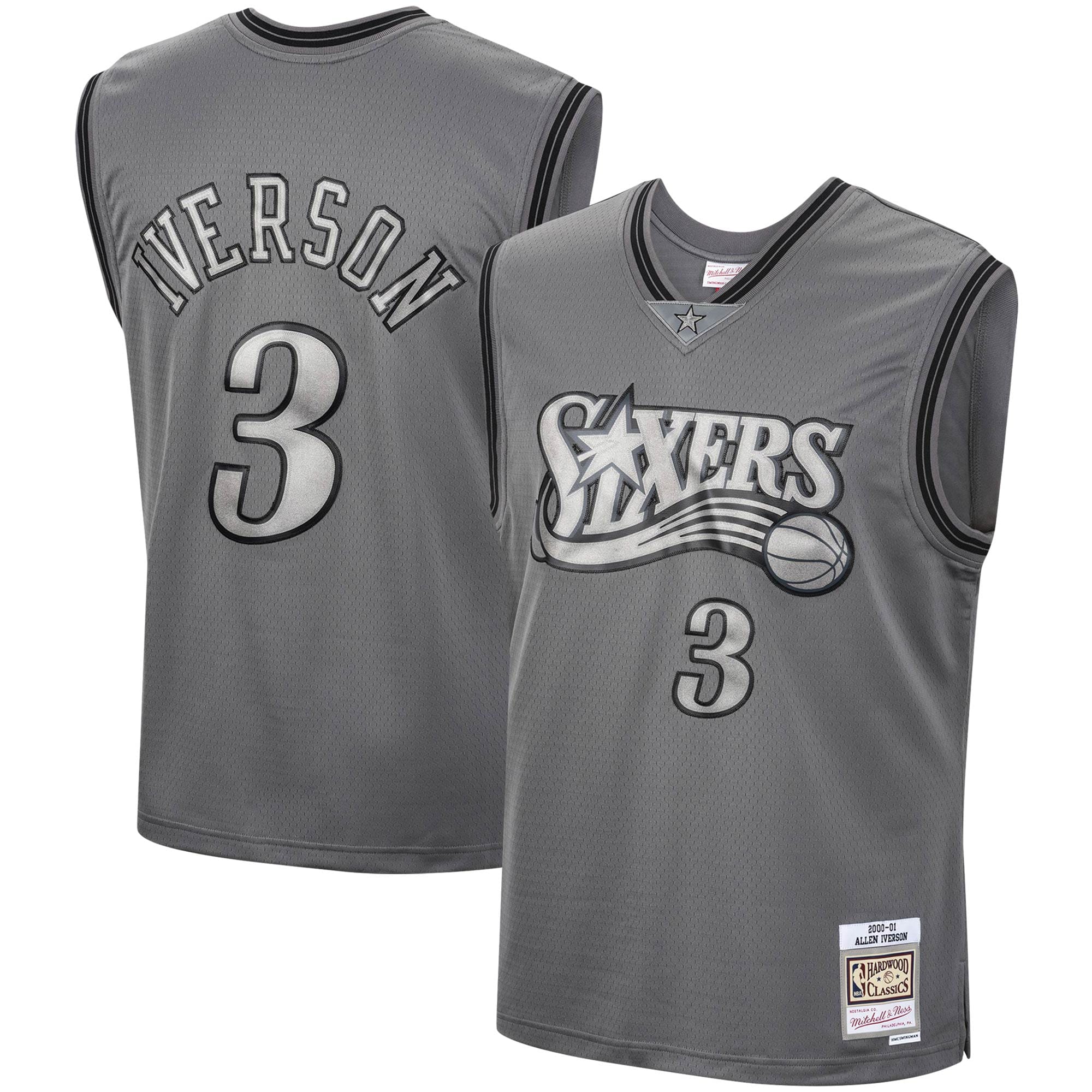 Men's Mitchell & Ness Allen Iverson Charcoal Philadelphia 76ers Hardwood Classics Retired Player 2000/01 Metal Works Swingman Jersey
