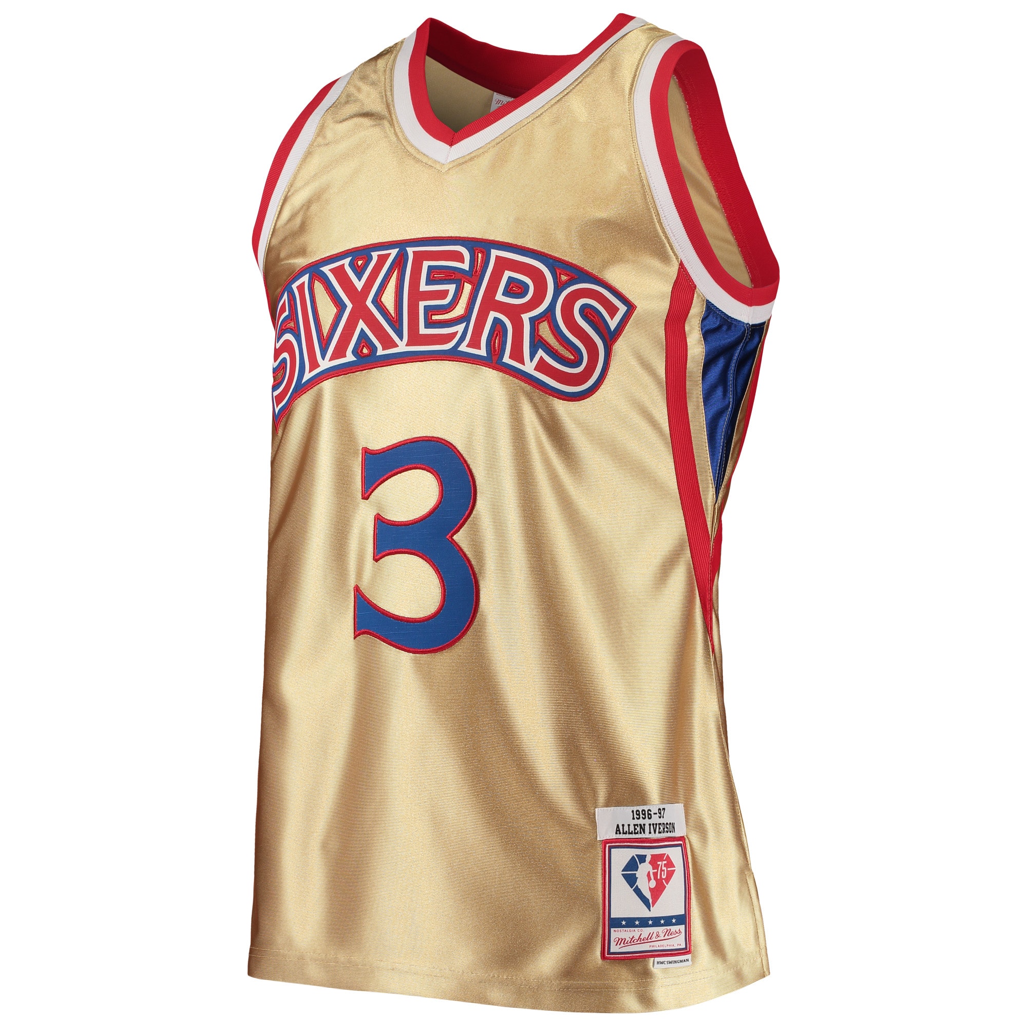 Alternative view of Men's Mitchell & Ness Allen Iverson Gold Philadelphia 76ers 75th Anniversary 1996/97 Hardwood Classics Swingman Jersey - JS638 