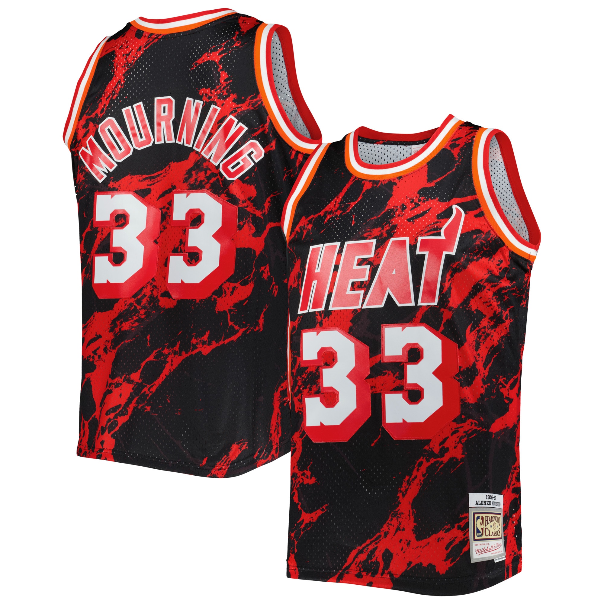 Men's Mitchell & Ness Alonzo Mourning Black Miami Heat 1996/97 Hardwood Classics Marble Swingman Jersey - JS844 