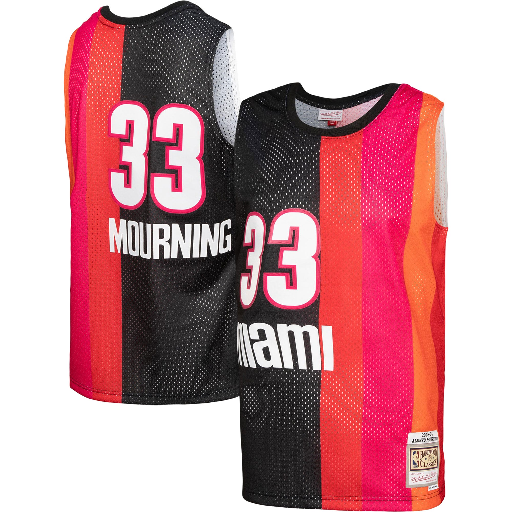 Men's Mitchell & Ness Alonzo Mourning Black/Red Miami Heat Hardwood Classics 2005/06 Split Swingman Jersey - JS765 