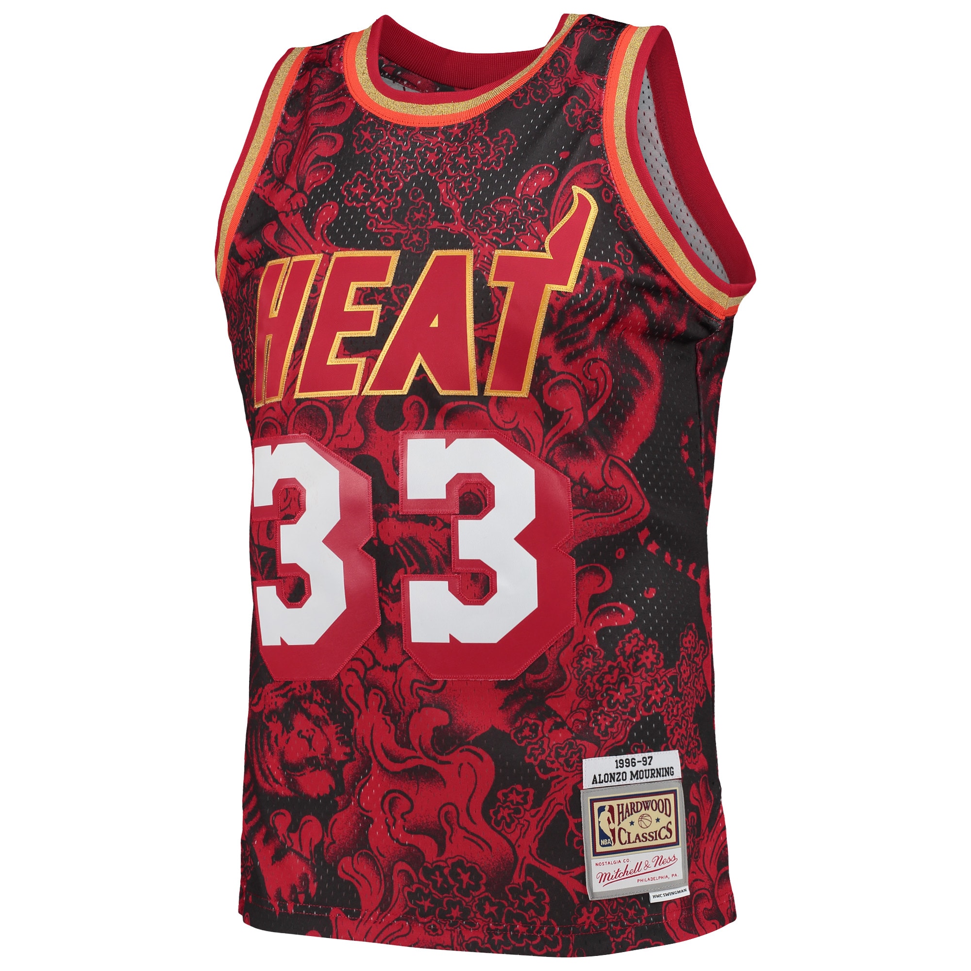 Alternative view of Men's Mitchell & Ness Alonzo Mourning Red Miami Heat Hardwood Classics 1996/97 Lunar New Year Swingman Jersey - JS805 