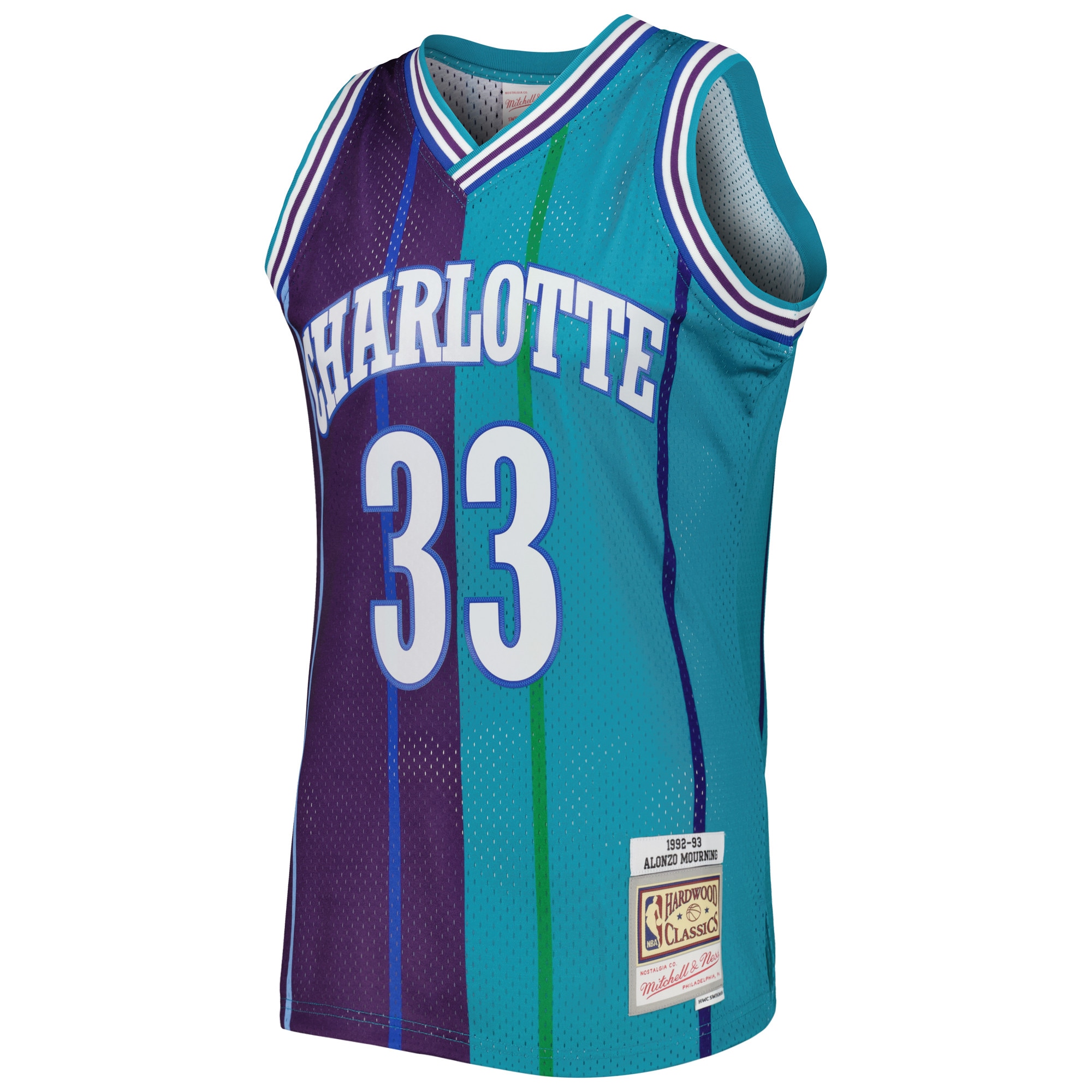 Alternative view of Men's Mitchell & Ness Alonzo Mourning Teal/Purple Charlotte Hornets Hardwood Classics 1992/93 Split Swingman Jersey - JS598 