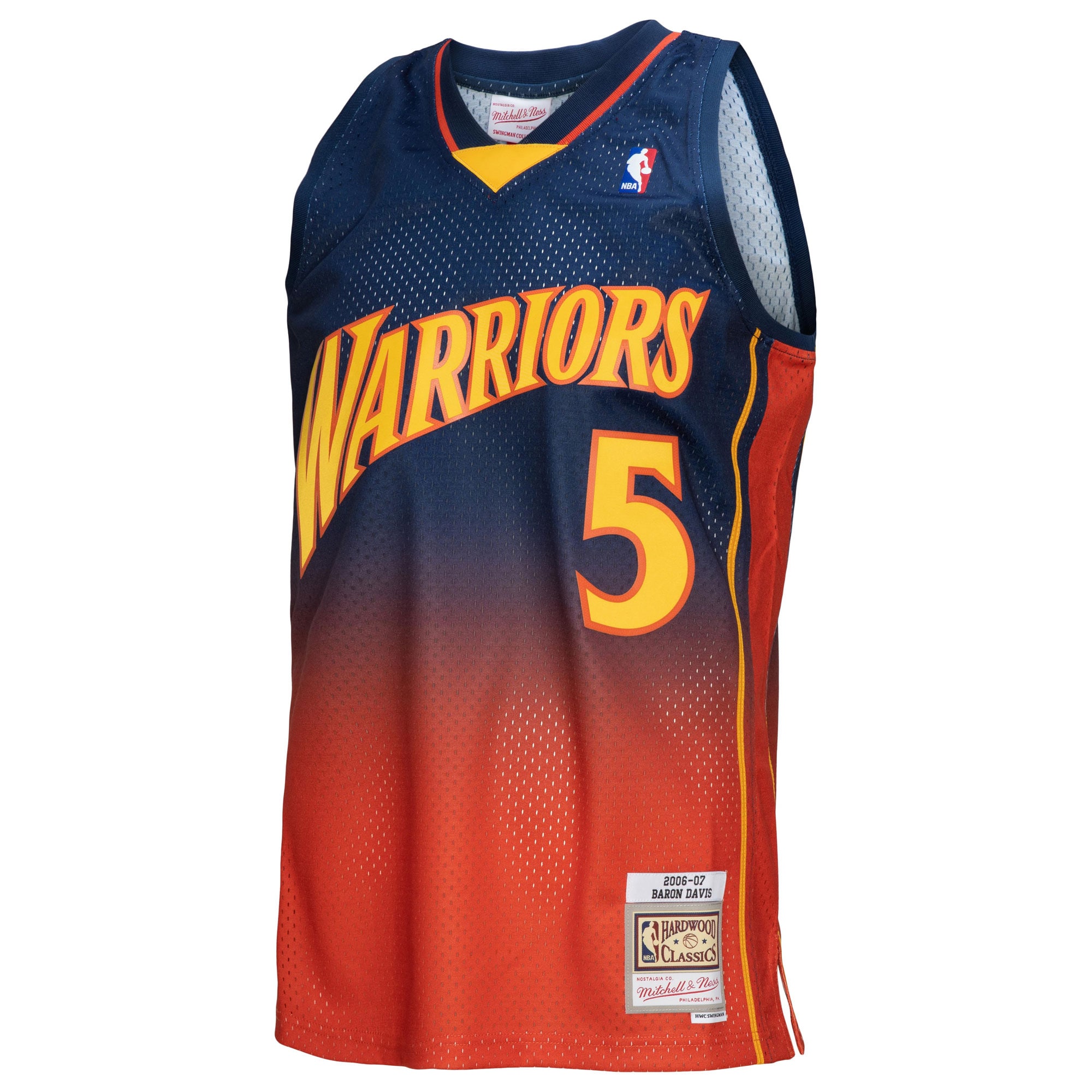Alternative view of Men's Mitchell & Ness Baron Davis Navy/Orange Golden State Warriors 2006/07 Hardwood Classics Fadeaway Swingman Player Jersey - JS371 