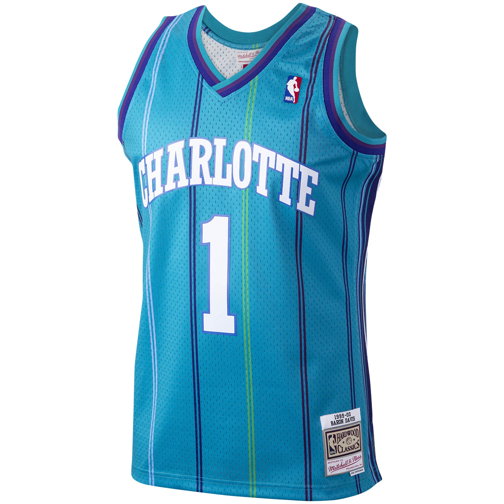 Alternative view of Men's Mitchell & Ness Baron Davis Teal Charlotte Hornets Hardwood Classics 1999-00 Swingman Jersey - JS191 