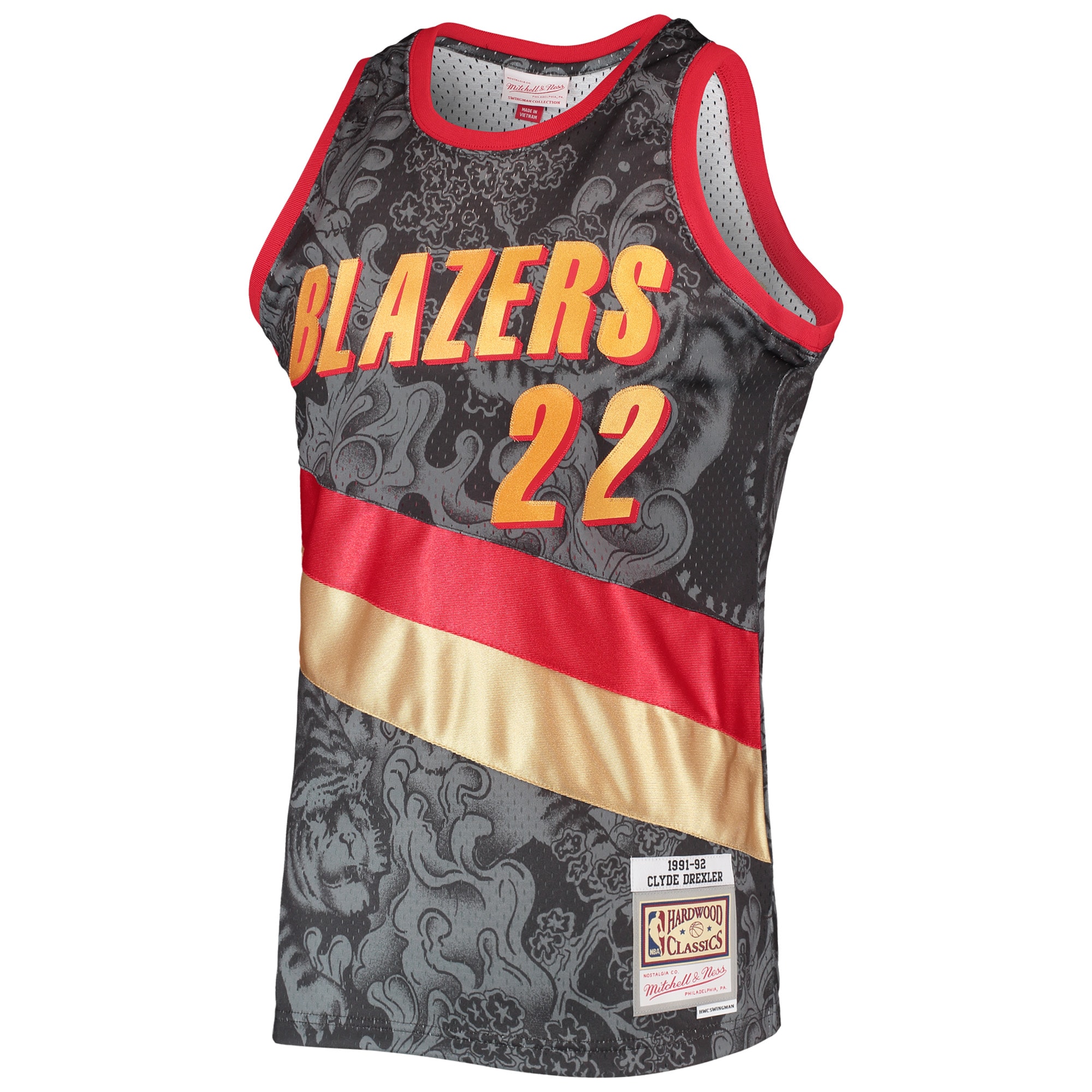 Alternative view of Men's Mitchell & Ness Clyde Drexler Black Portland Trail Blazers Hardwood Classics 1991/92 Lunar New Year Swingman Jersey - JS116 