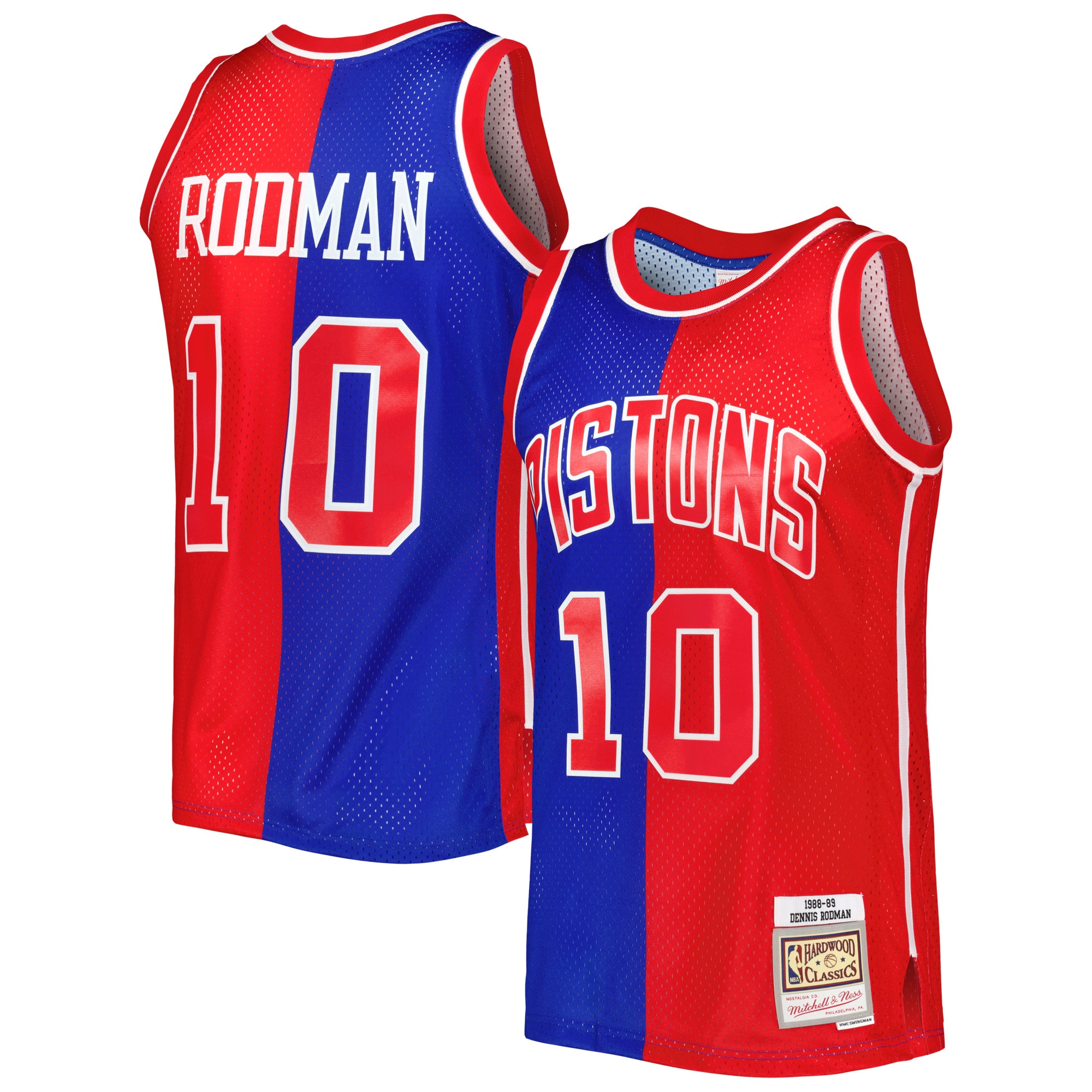 Men's Mitchell & Ness Dennis Rodman Blue/Red Detroit Pistons Hardwood Classics 1988/89 Split Swingman Jersey - JS582 