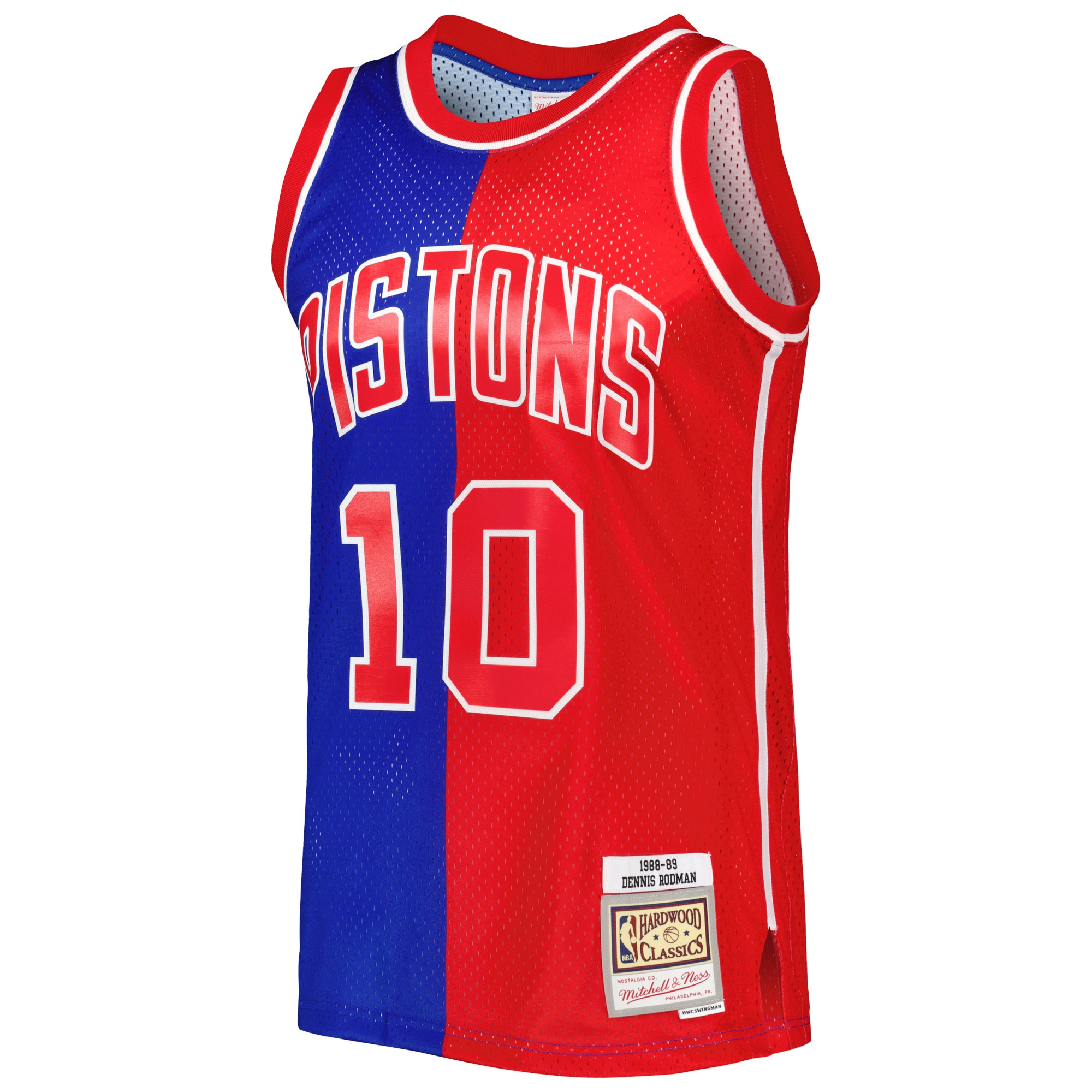 Alternative view of Men's Mitchell & Ness Dennis Rodman Blue/Red Detroit Pistons Hardwood Classics 1988/89 Split Swingman Jersey - JS582 
