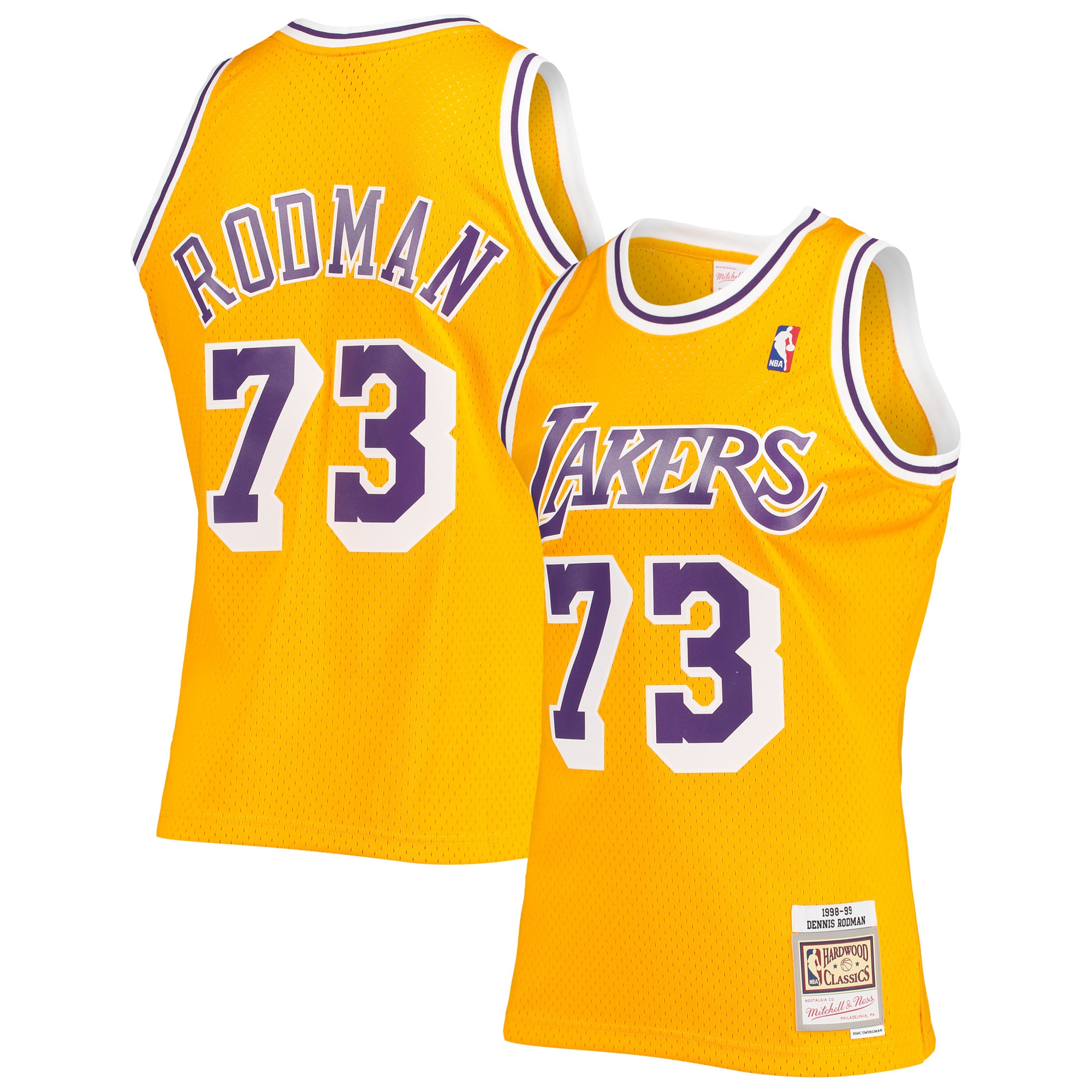 Men's Mitchell & Ness Dennis Rodman Gold Los Angeles Lakers 1998-99 Hardwood Classics Swingman Jersey