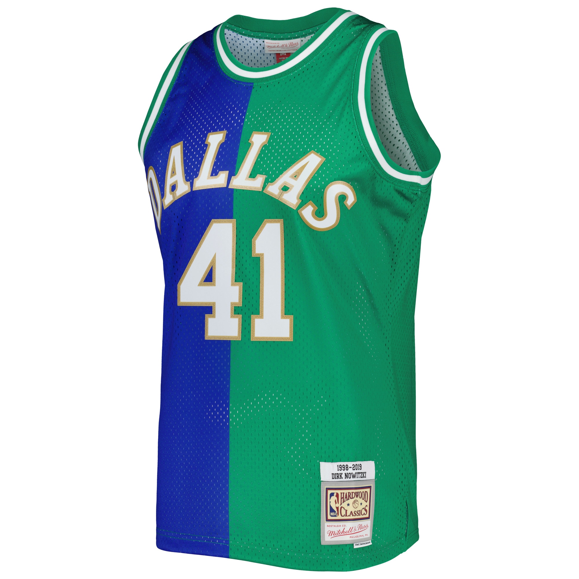 Alternative view of Men's Mitchell & Ness Dirk Nowitzki Blue/Green Dallas Mavericks Hardwood Classics 1998/2019 Split Swingman Jersey - JS509 