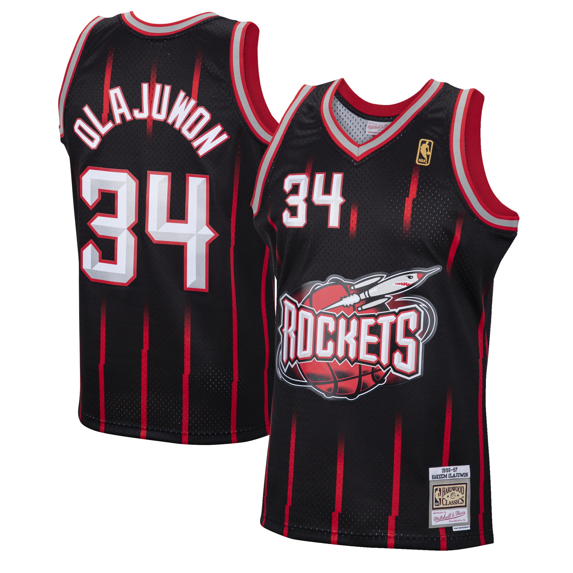 Men's Mitchell & Ness Hakeem Olajuwon Black Houston Rockets 1996-97 Hardwood Classics Reload Swingman Jersey