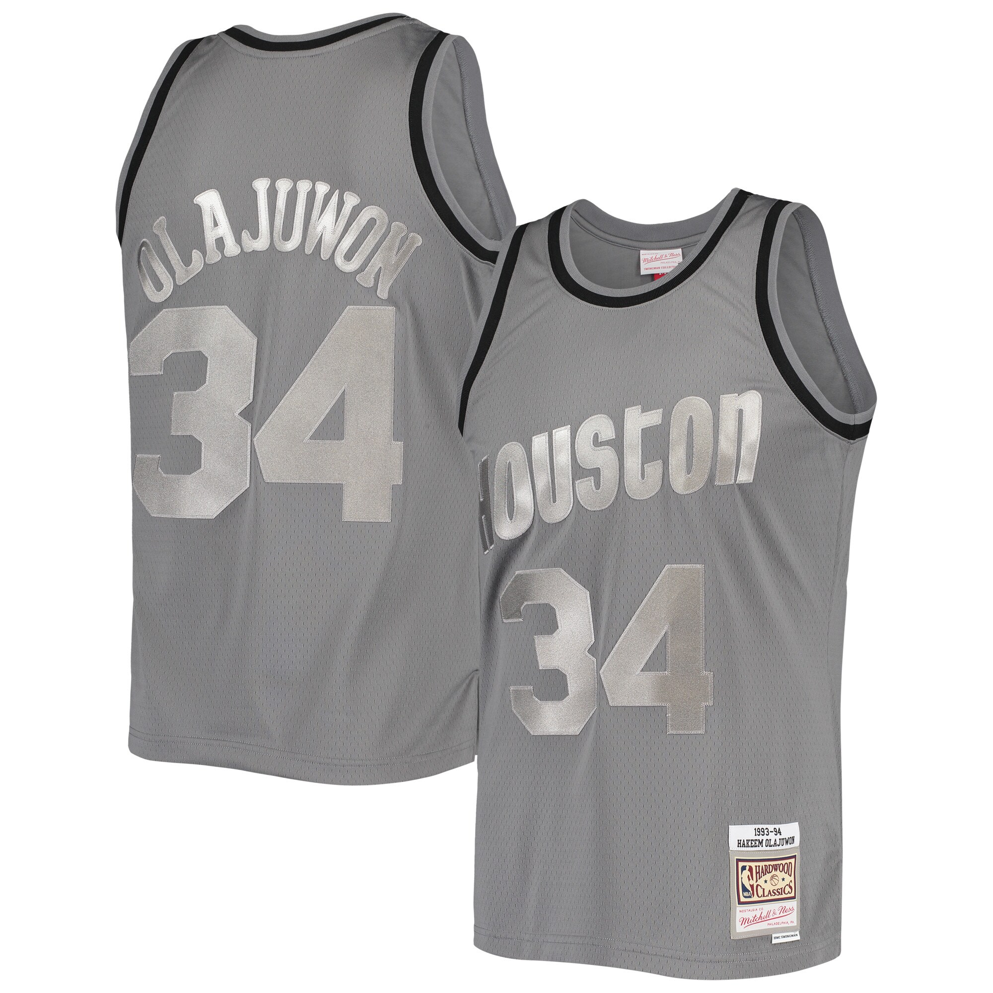 Men's Mitchell & Ness Hakeem Olajuwon Charcoal Houston Rockets Hardwood Classics Retired Player 1993/94 Metal Works Swingman Jersey