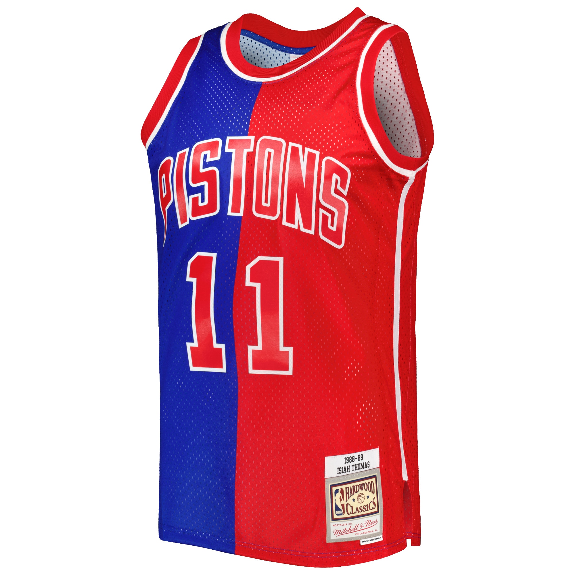 Alternative view of Men's Mitchell & Ness Isiah Thomas Blue/Red Detroit Pistons Hardwood Classics 1988/89 Split Swingman Jersey - JS989 