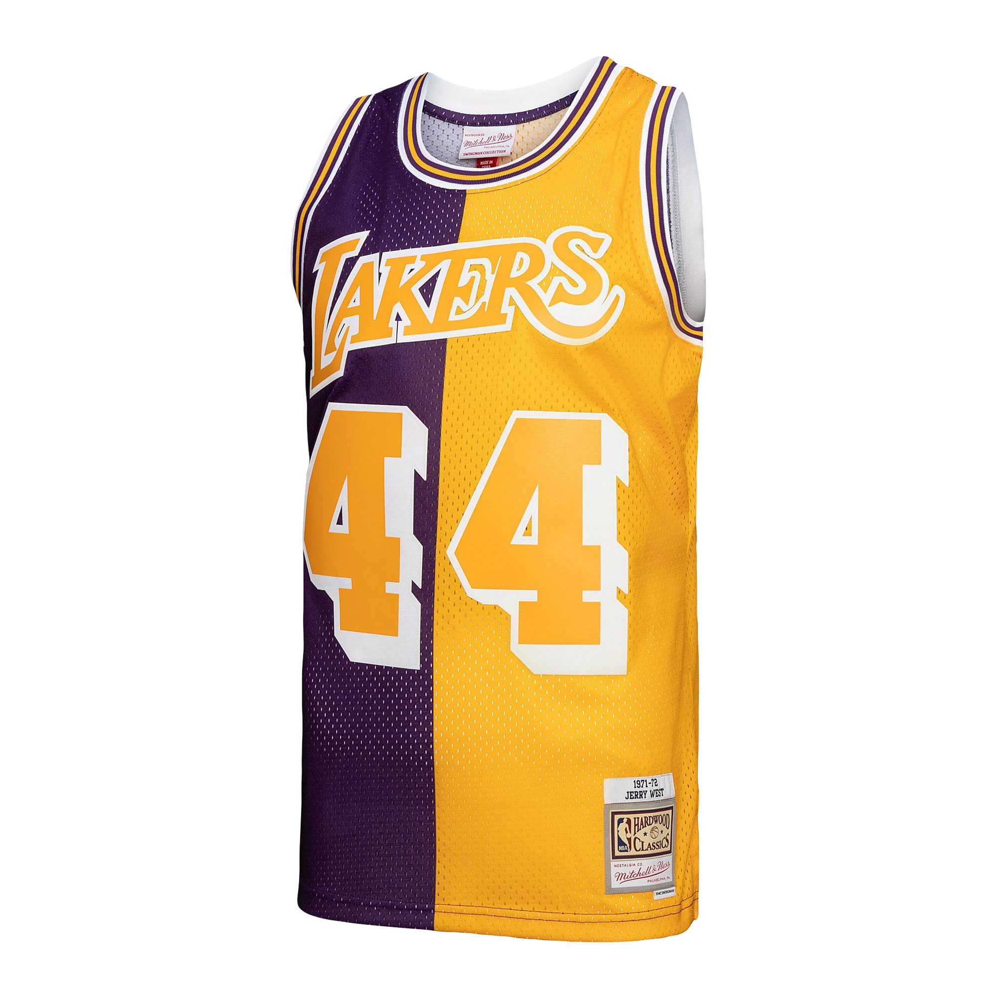 Alternative view of Men's Mitchell & Ness Jerry West Purple/Gold Los Angeles Lakers Hardwood Classics 1971/72 Split Swingman Jersey - JS404 
