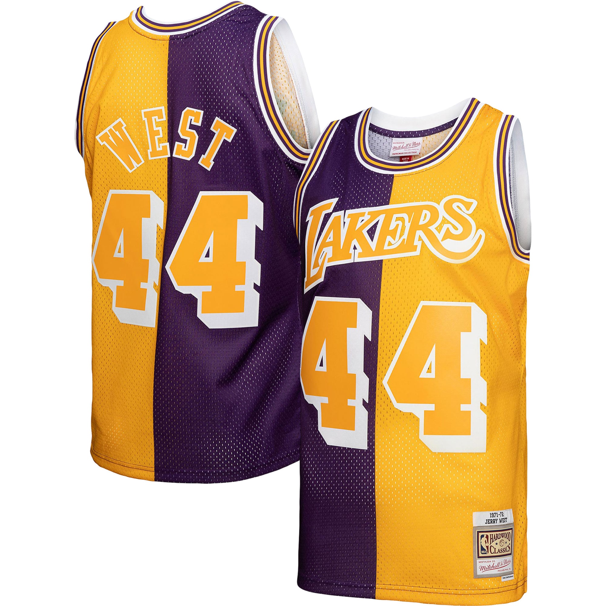 Men's Mitchell & Ness Jerry West Purple/Gold Los Angeles Lakers Hardwood Classics 1971/72 Split Swingman Jersey - JS404 