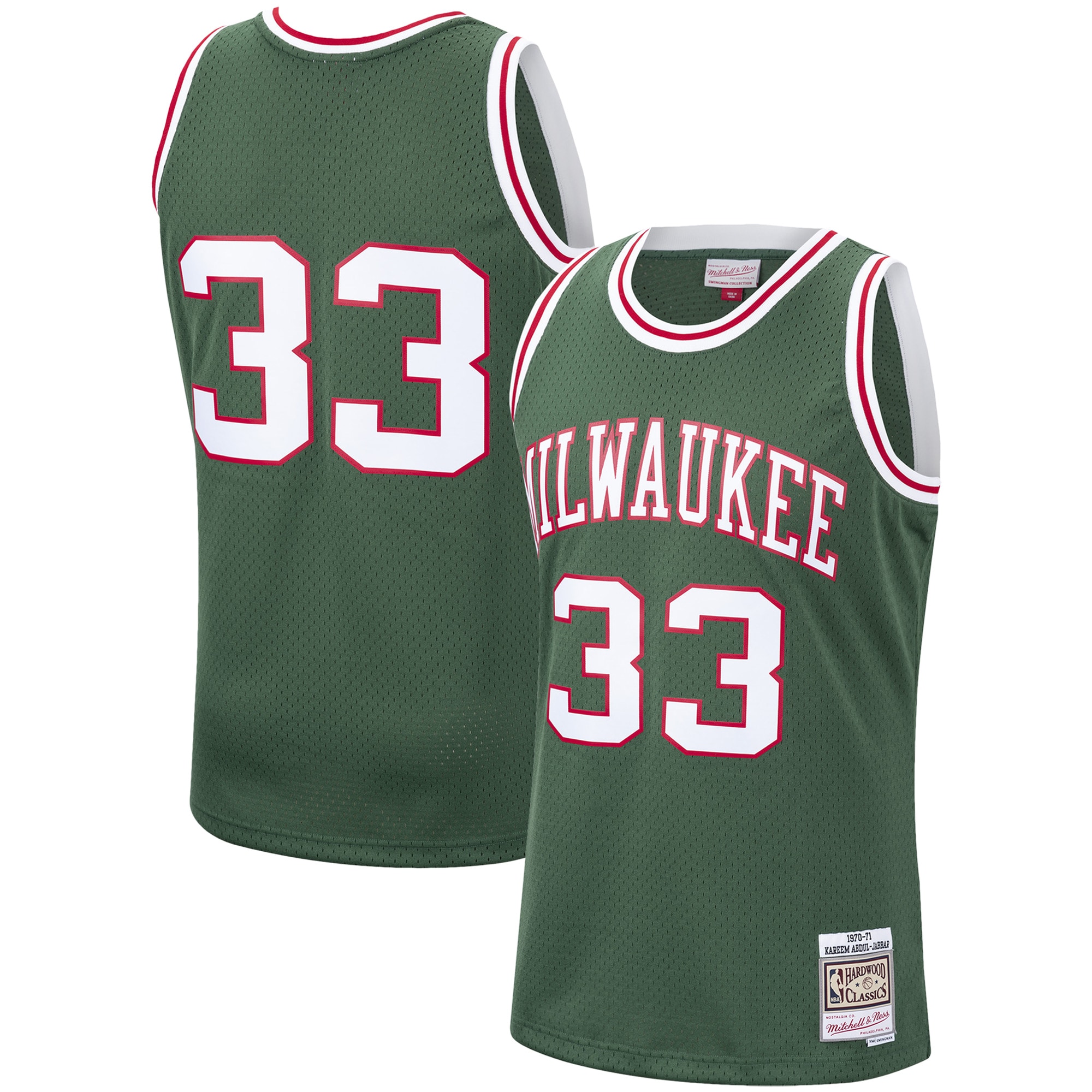 Men's Mitchell & Ness Kareem Abdul-jabbar Hunter Green Milwaukee Bucks 1970-71 Hardwood Classics Swingman Jersey
