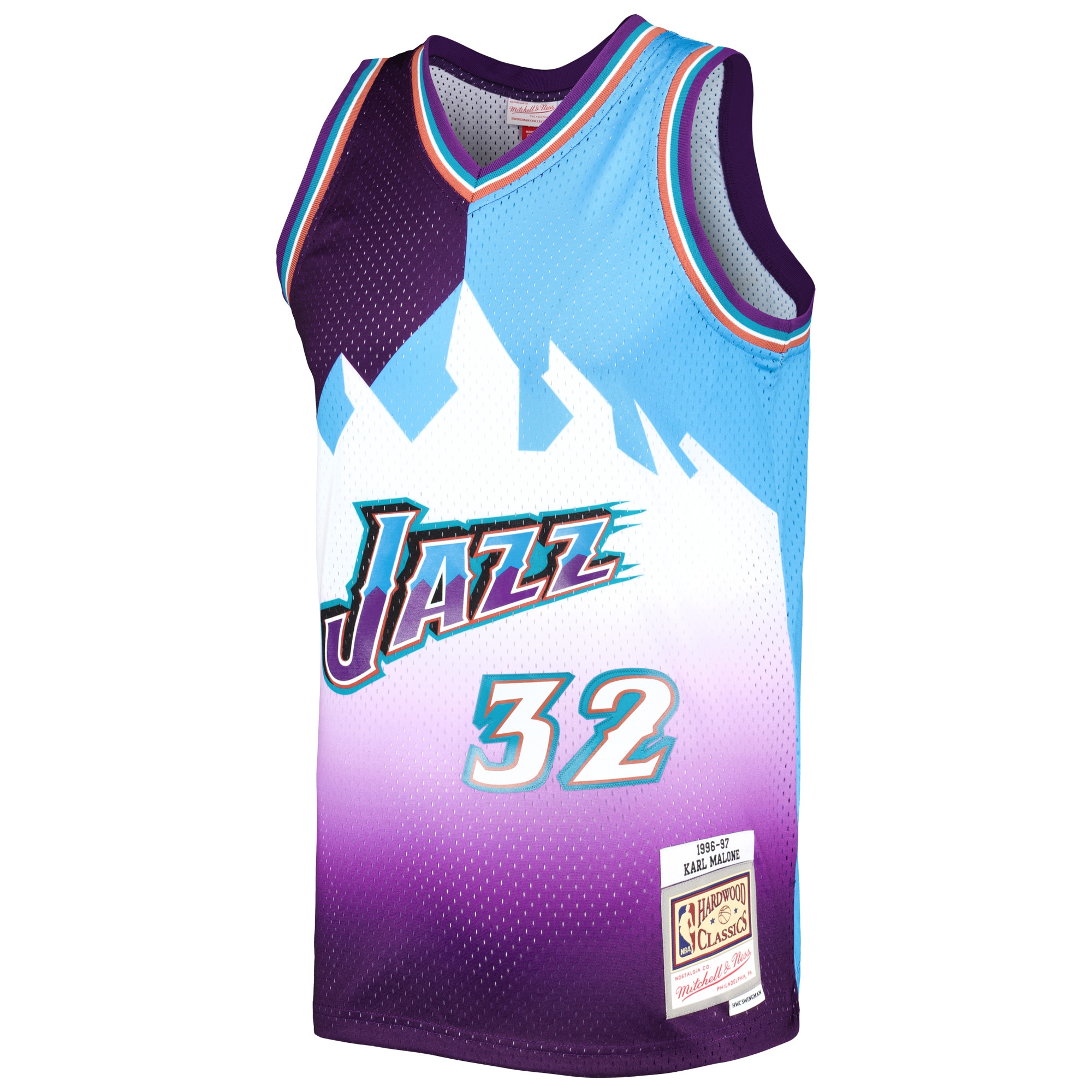 Alternative view of Men's Mitchell & Ness Karl Malone Purple/Turquoise Utah Jazz Hardwood Classics 1996/97 Split Swingman Jersey - JS511 