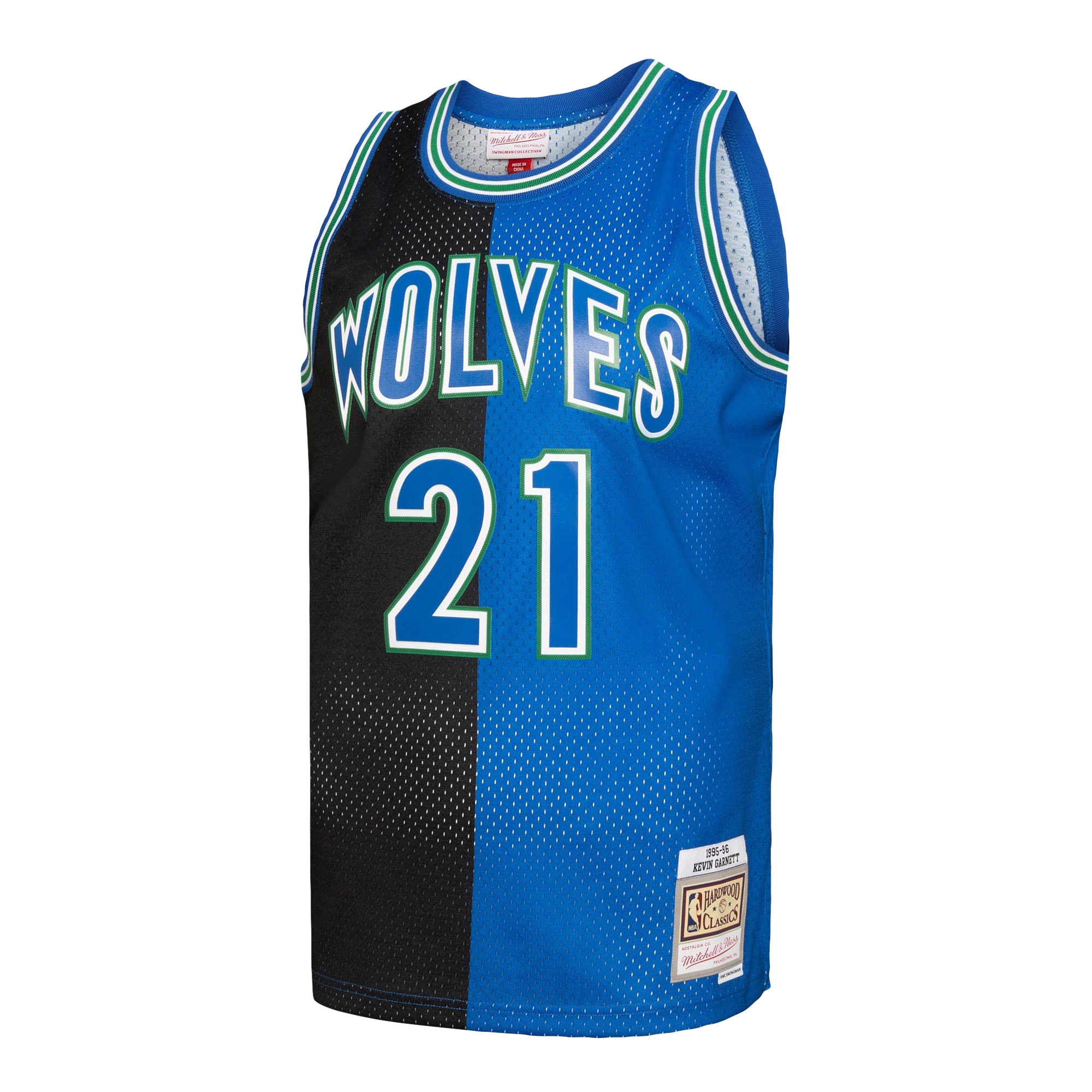 Alternative view of Men's Mitchell & Ness Kevin Garnett Black/Blue Minnesota Timberwolves Hardwood Classics 1995/96 Split Swingman Jersey - JS626 