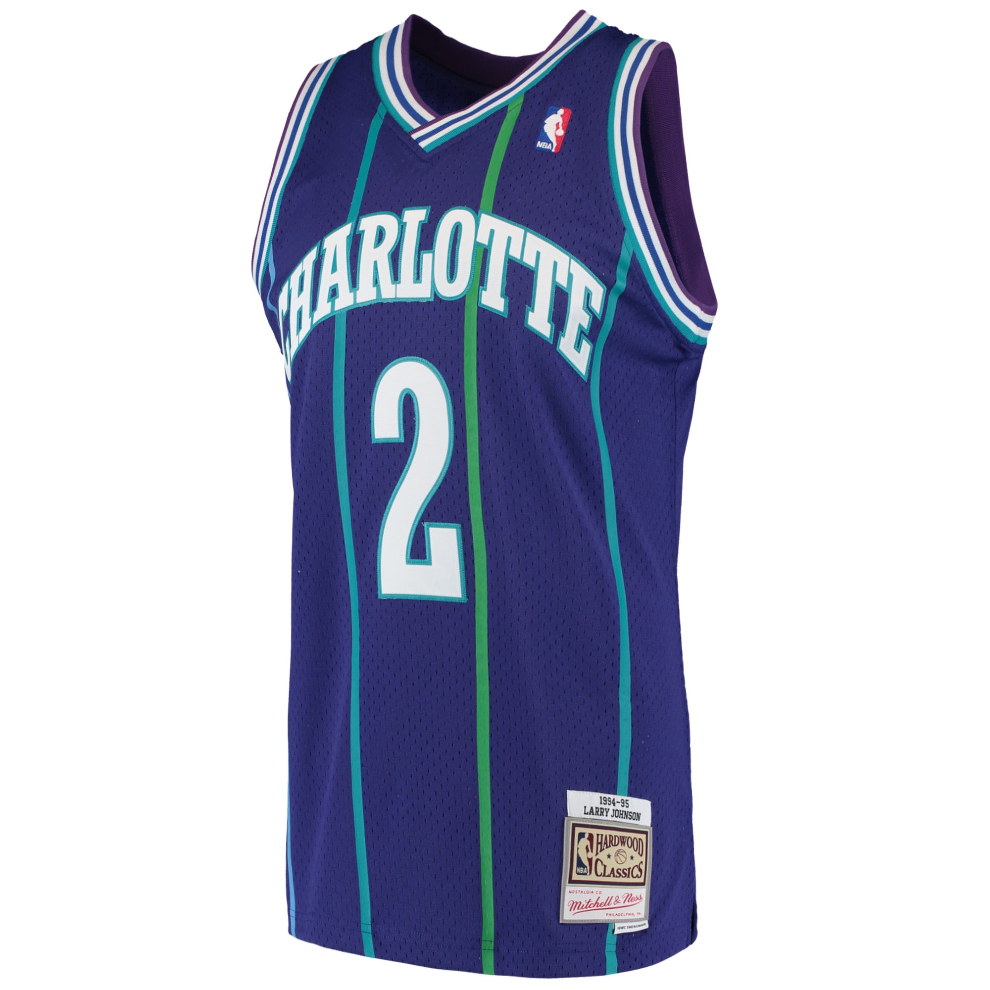 Alternative view of Men's Mitchell & Ness Larry Johnson Purple Charlotte Hornets 1992-93 Hardwood Classics Swingman Jersey - JS295 