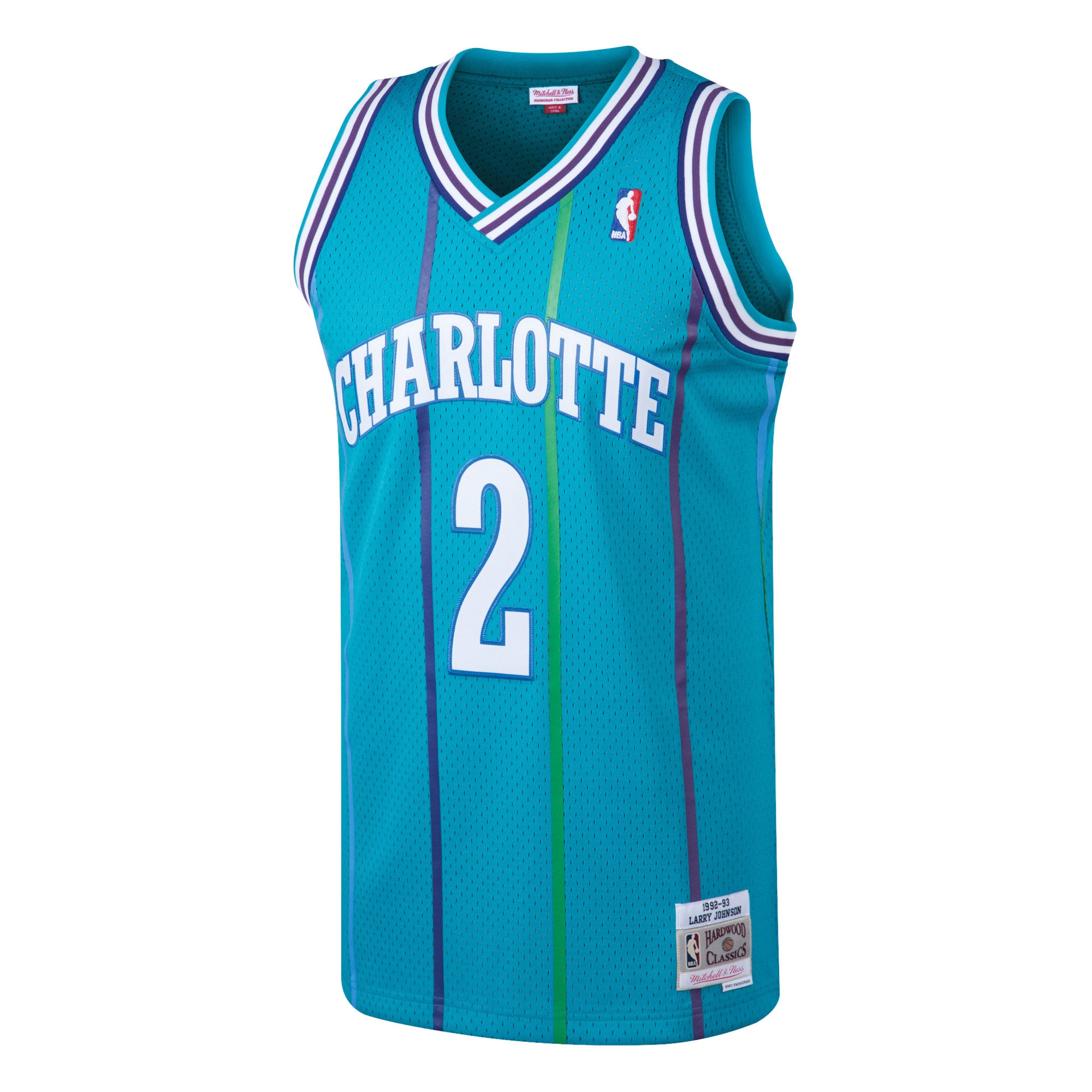 Alternative view of Men's Mitchell & Ness Larry Johnson Teal Charlotte Hornets 1992-93 Hardwood Classics Swingman Jersey - JS642 