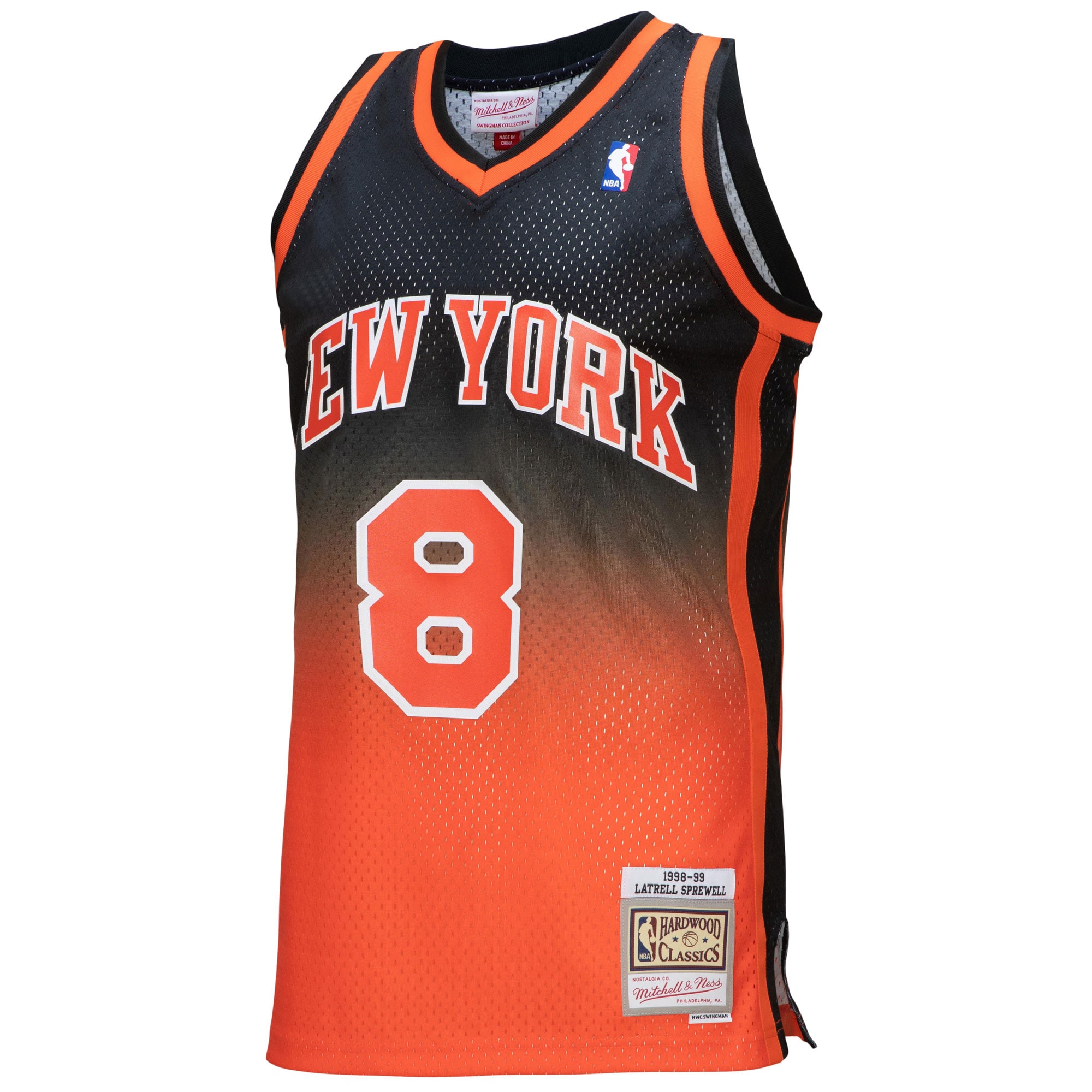 Alternative view of Men's Mitchell & Ness Latrell Sprewell Orange/Black New York Knicks 1998/99 Hardwood Classics Fadeaway Swingman Player Jersey - JS995 