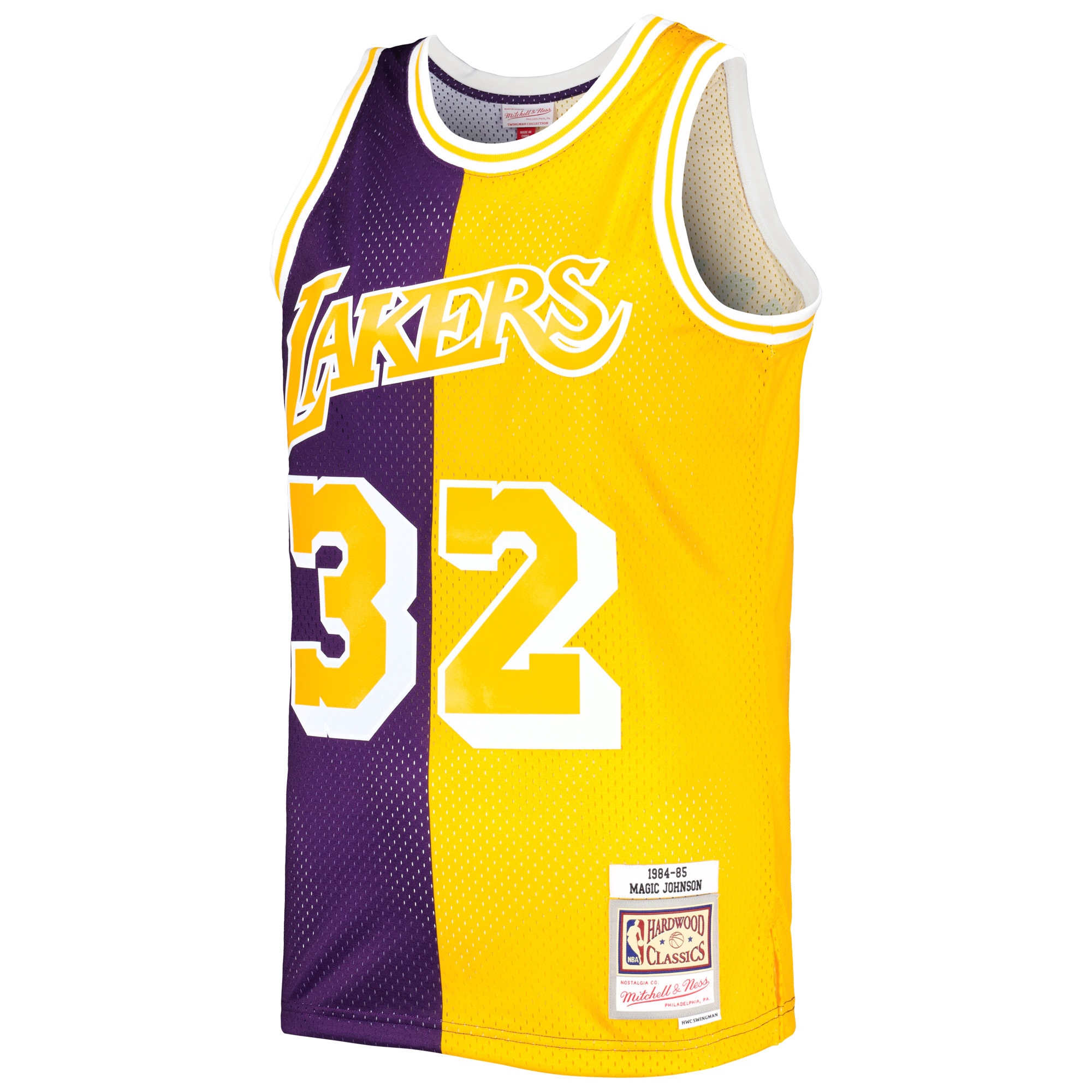 Alternative view of Men's Mitchell & Ness Magic Johnson Purple/Gold Los Angeles Lakers Hardwood Classics 1984/85 Split Swingman Jersey - JS868 