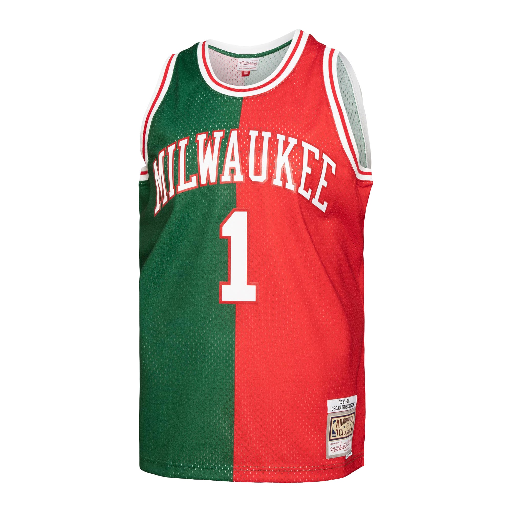 Alternative view of Men's Mitchell & Ness Oscar Robertson Green/Red Milwaukee Bucks Hardwood Classics 1971/72 Split Swingman Jersey - JS507 