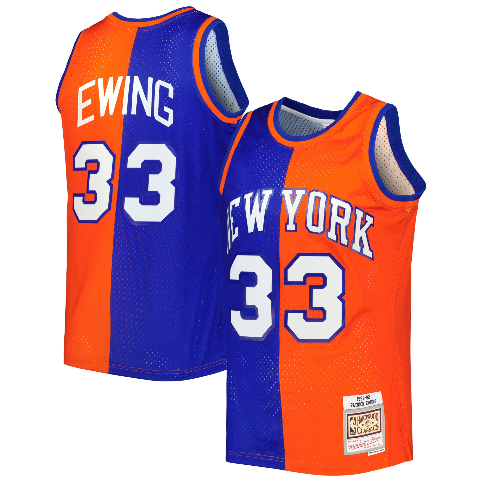 Men's Mitchell & Ness Patrick Ewing Blue/Orange New York Knicks Hardwood Classics 1991/92 Split Swingman Jersey - JS811 