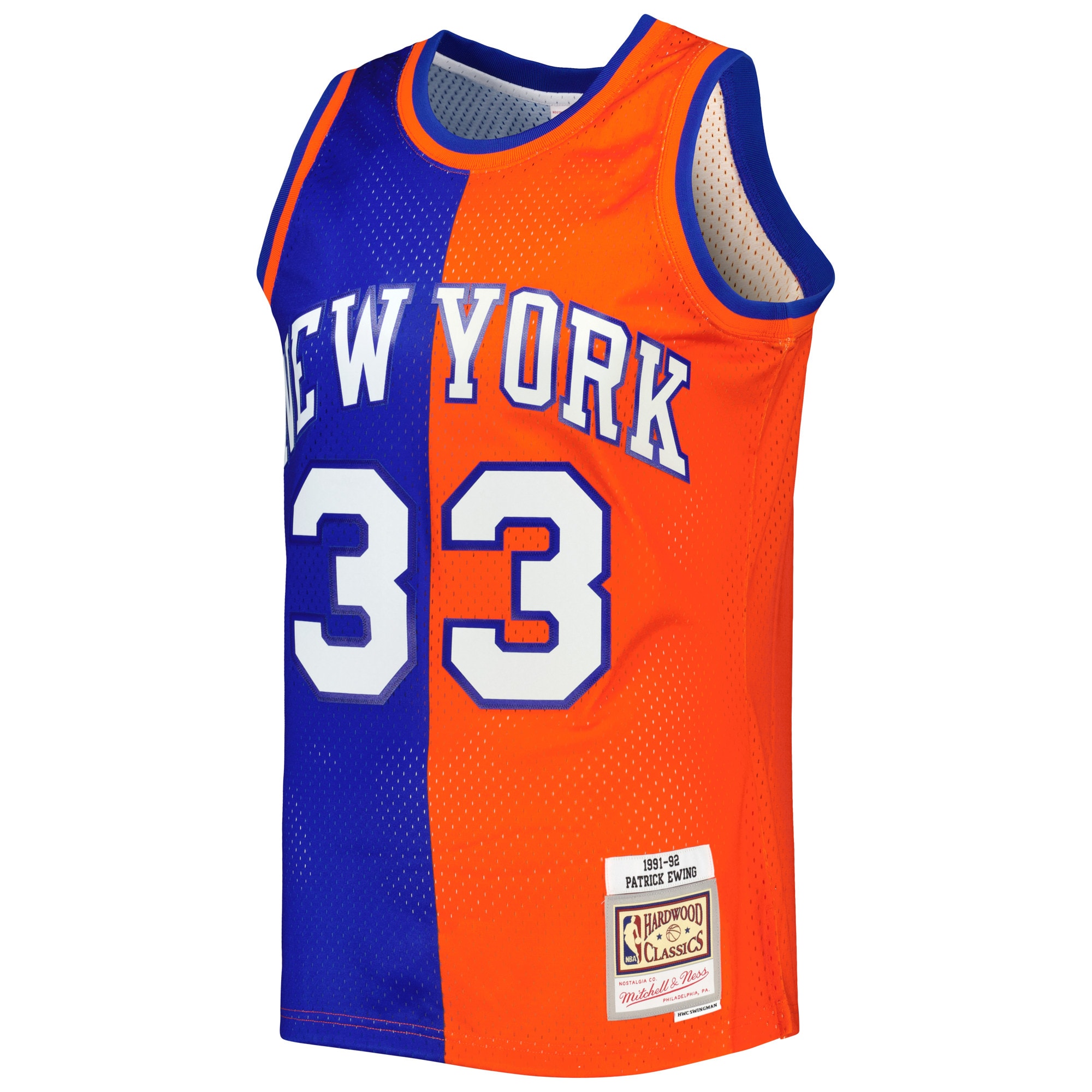 Alternative view of Men's Mitchell & Ness Patrick Ewing Blue/Orange New York Knicks Hardwood Classics 1991/92 Split Swingman Jersey - JS811 