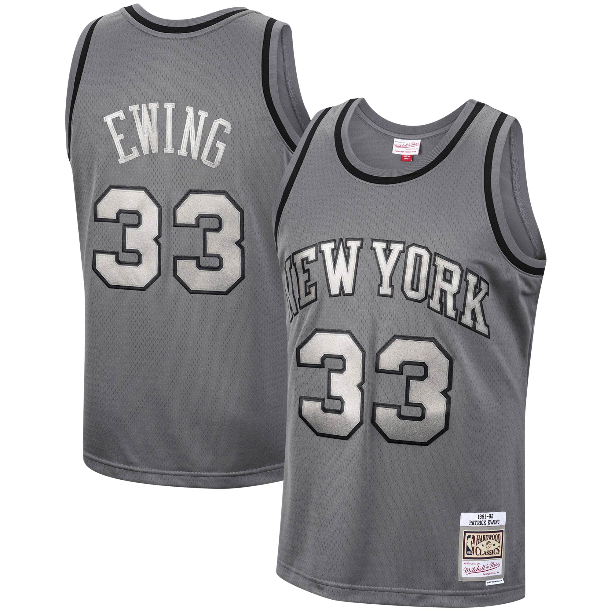 Men's Mitchell & Ness Patrick Ewing Charcoal New York Knicks Hardwood Classics Retired Player 1991/92 Metal Works Swingman Jersey