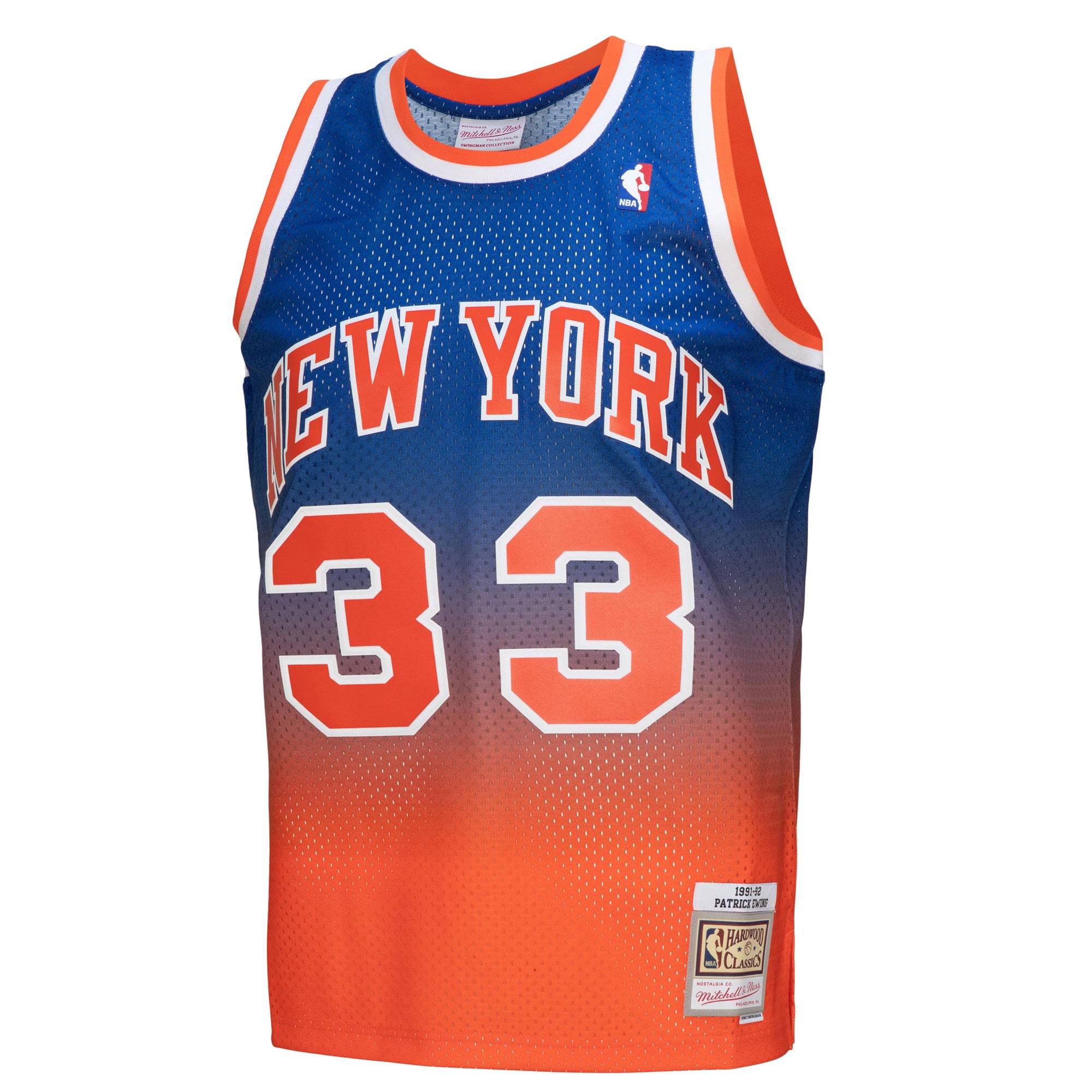 Alternative view of Men's Mitchell & Ness Patrick Ewing Orange/Royal New York Knicks 1991/92 Hardwood Classics Fadeaway Swingman Player Jersey - JS131 
