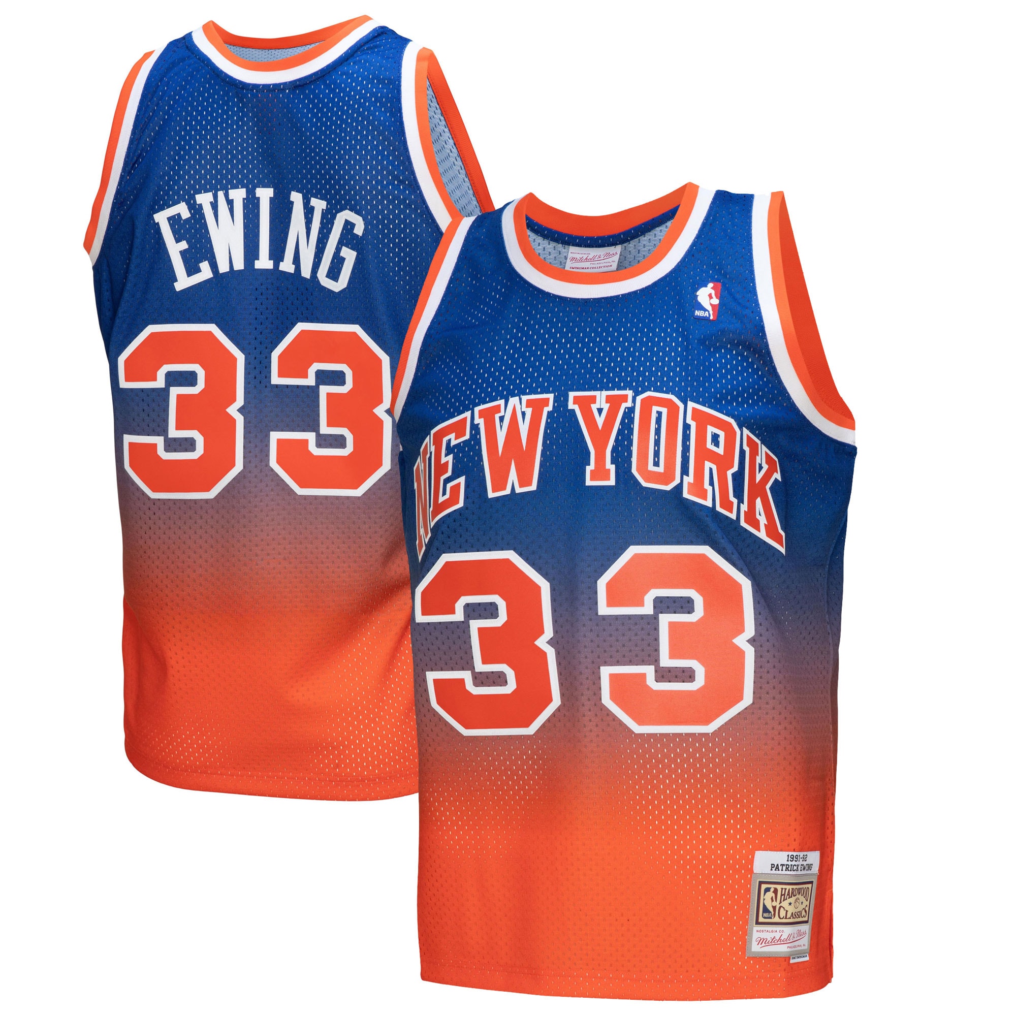 Men's Mitchell & Ness Patrick Ewing Orange/Royal New York Knicks 1991/92 Hardwood Classics Fadeaway Swingman Player Jersey - JS131 