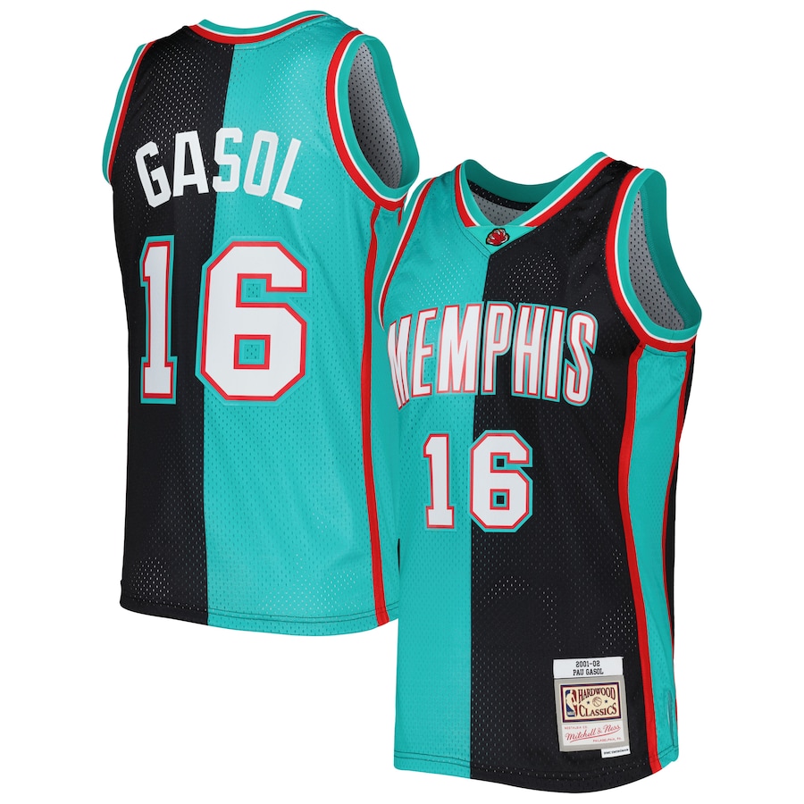 Men's Mitchell & Ness Pau Gasol Black/turquoise Memphis Grizzlies Hardwood Classics 2001-02 Split Swingman Jersey